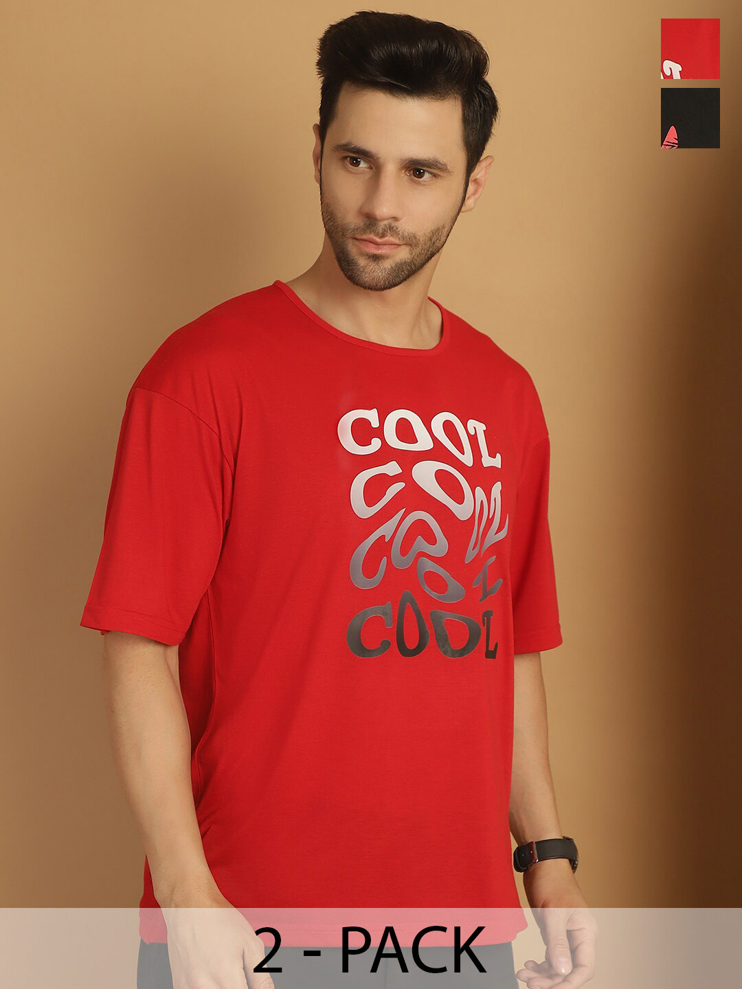 

MACK JONNEY Pack Of 2 Typography Printed Drop-Shoulder Sleeves Cotton Oversized T-shirts, Red