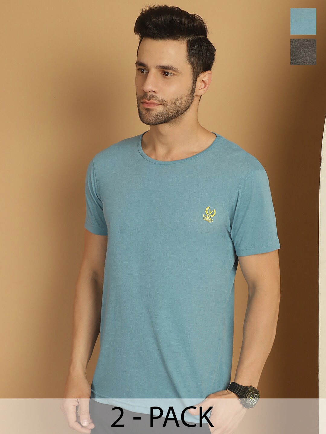 

MACK JONNEY Pack of 2 Round Neck Short Sleeves Cotton Casual T-shirt, Blue