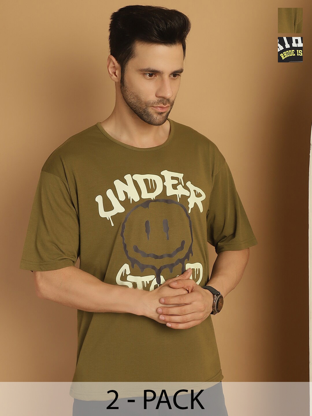 

MACK JONNEY Pack Of 2 Typography Printed Oversized Cotton T-shirt, Olive