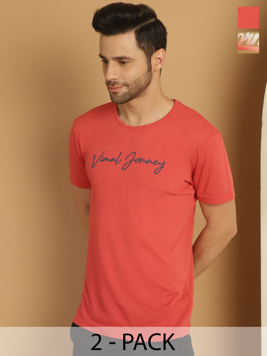 

MACK JONNEY Pack Of 2 Typography Printed Round Neck Cotton Casual T-shirts, Orange