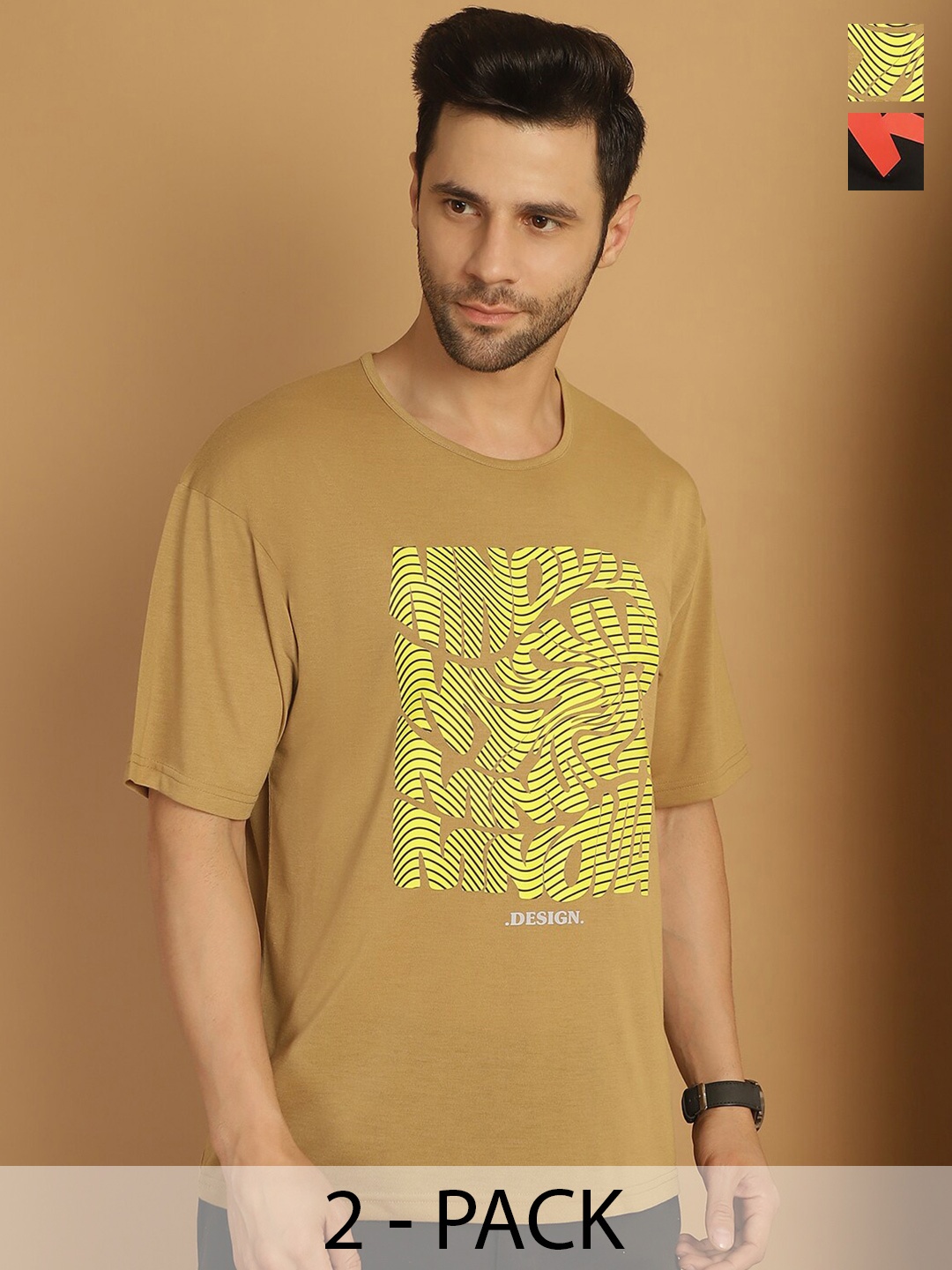 

MACK JONNEY Pack 2 Printed Drop-Shoulder Sleeves Cotton Oversized T-shirts, Brown
