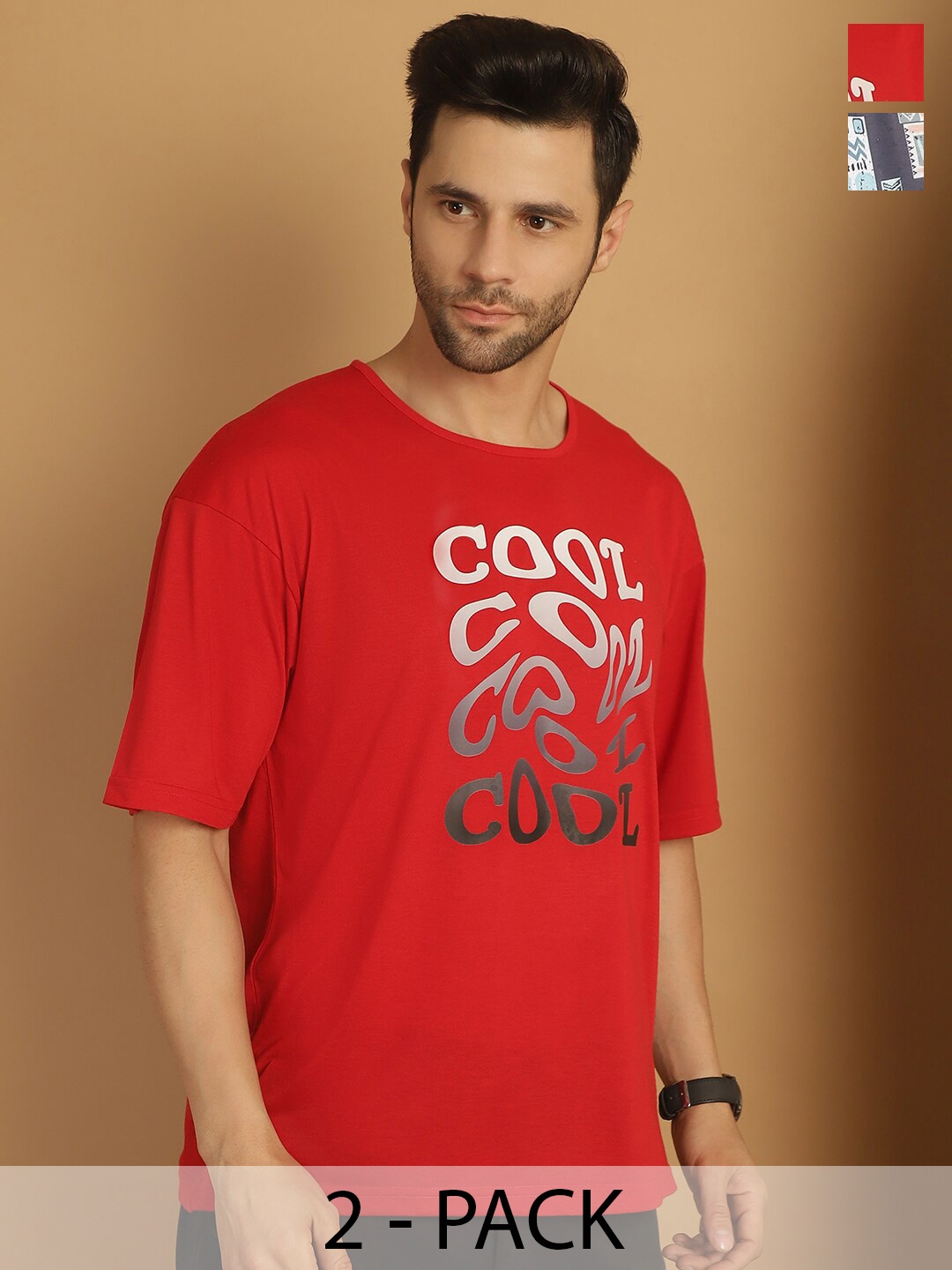 

MACK JONNEY Pack of 2 Typography Printed Cotton Oversized T-shirts, Red