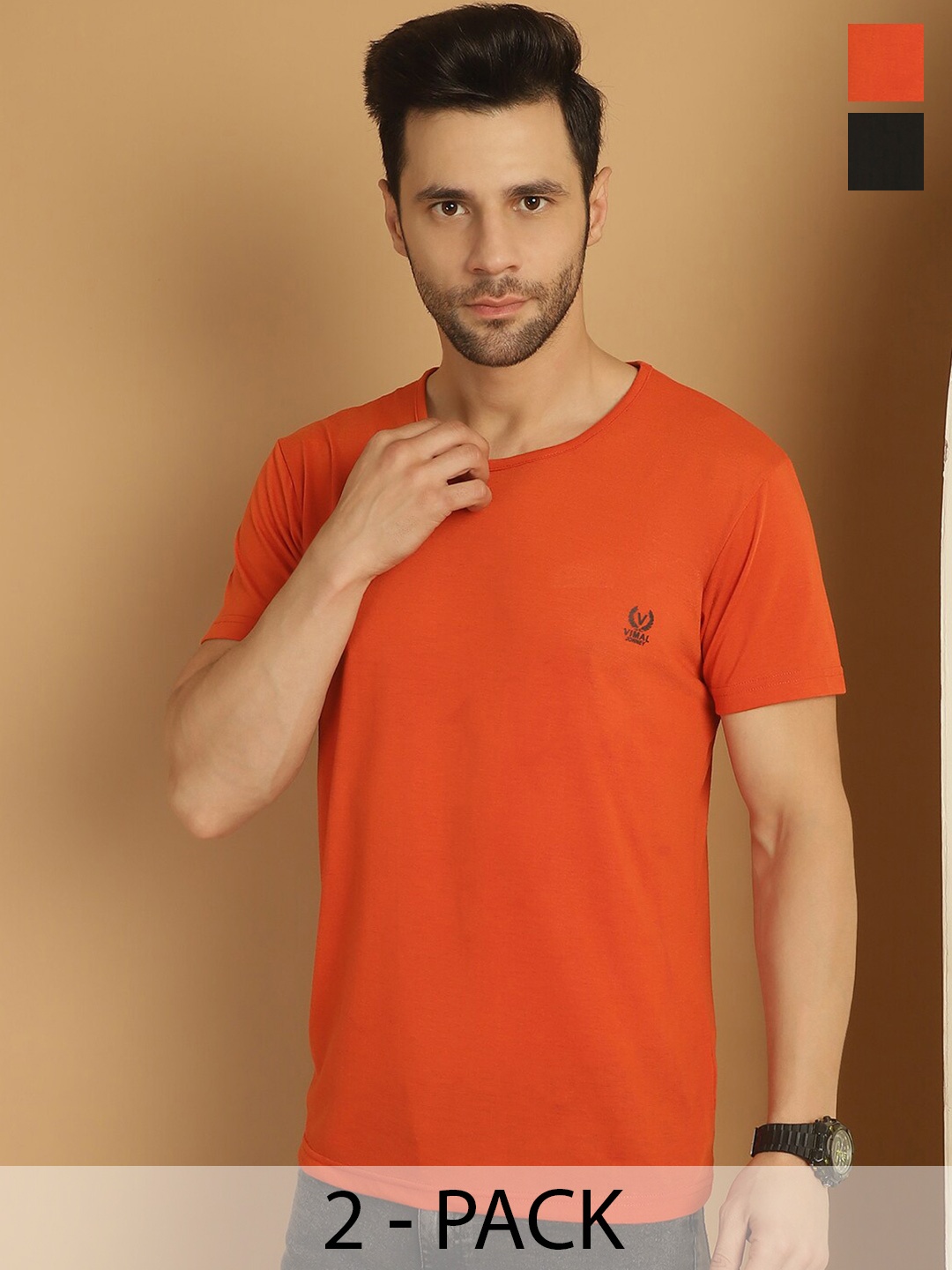 

VIMAL JONNEY Pack of 2 Short Sleeves Round Neck Cotton T-shirt, Orange