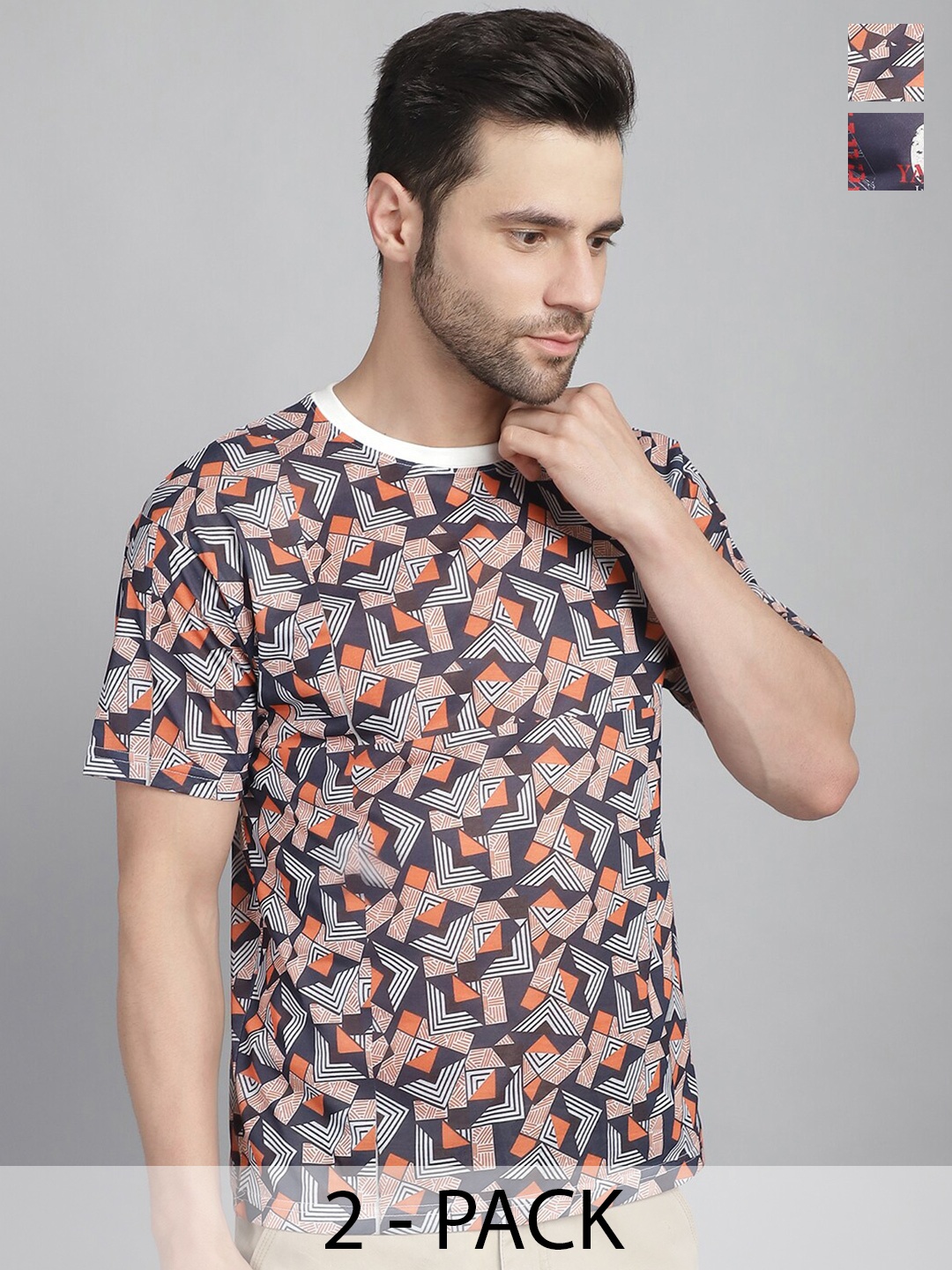 

MACK JONNEY Pack Of 2 Printed Round Neck Cotton T-shirt, Orange