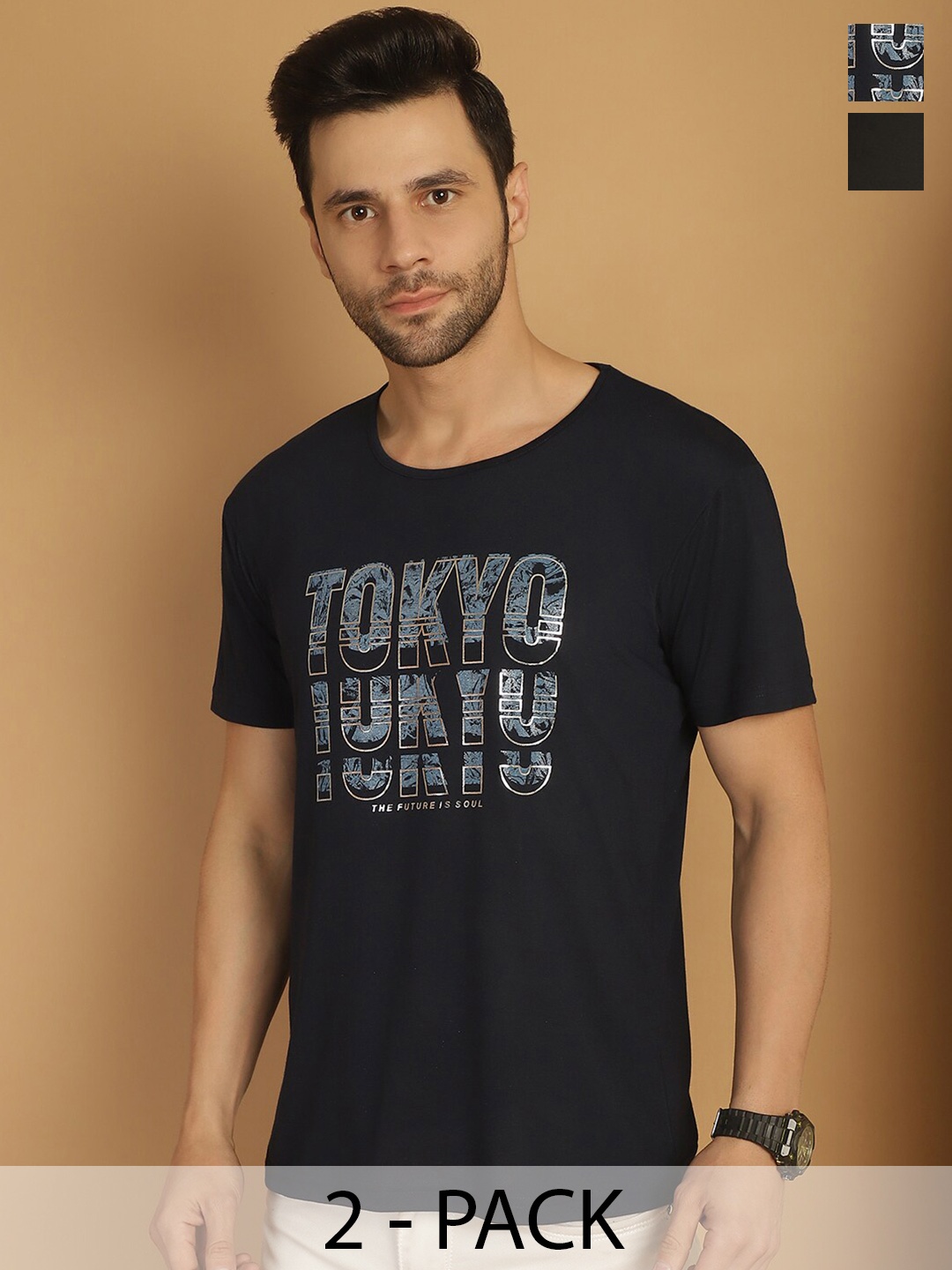 

MACK JONNEY Pack of 2 Typography Printed Cotton T-shirts, Black
