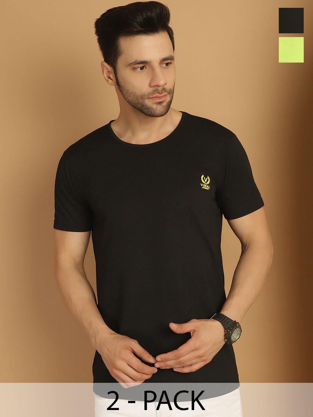 

MACK JONNEY Pack Of 2 Round Neck Cotton T-shirt, Black