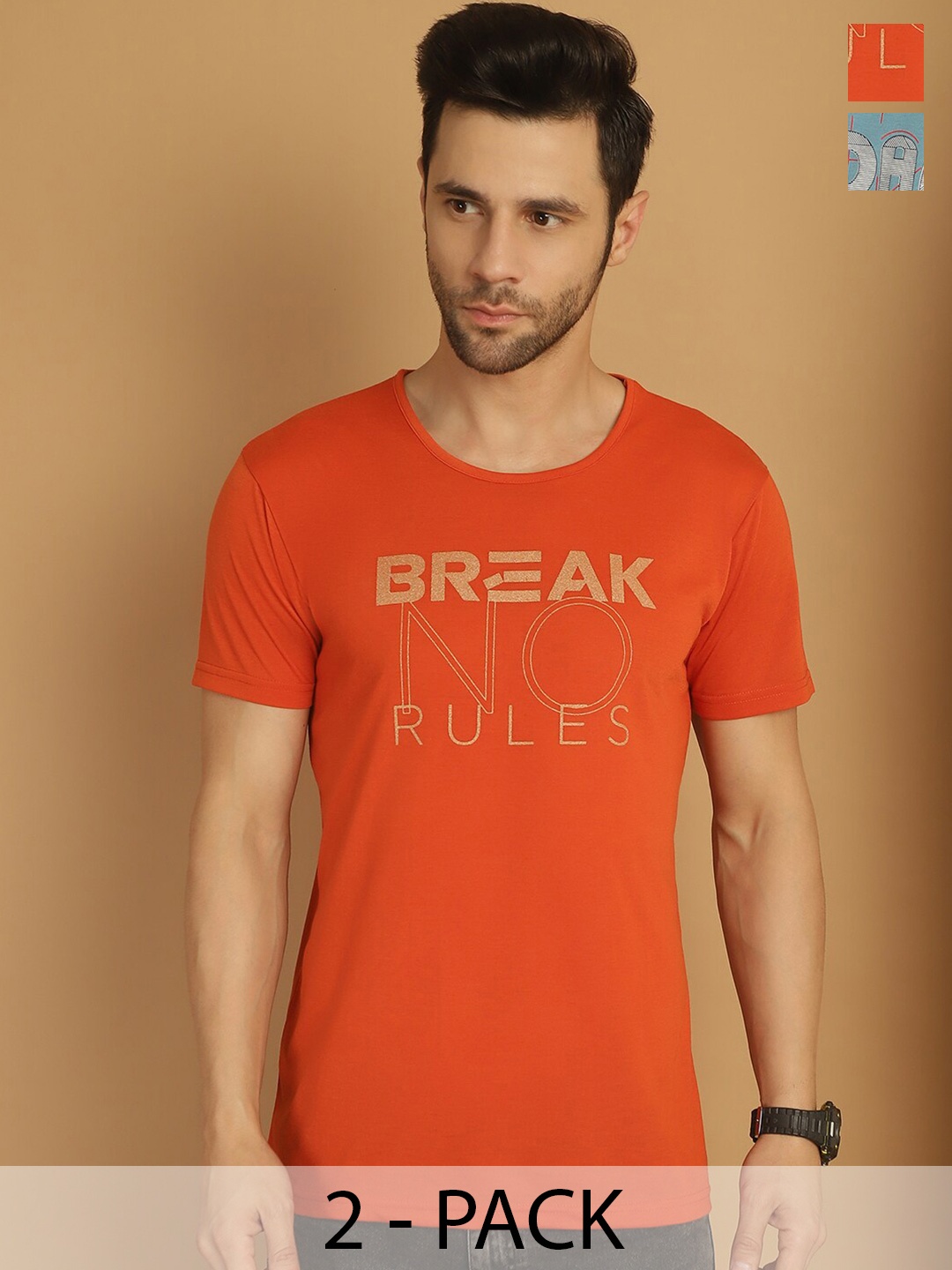 

MACK JONNEY Pack of 2 Typography Printed Cotton T-shirts, Orange