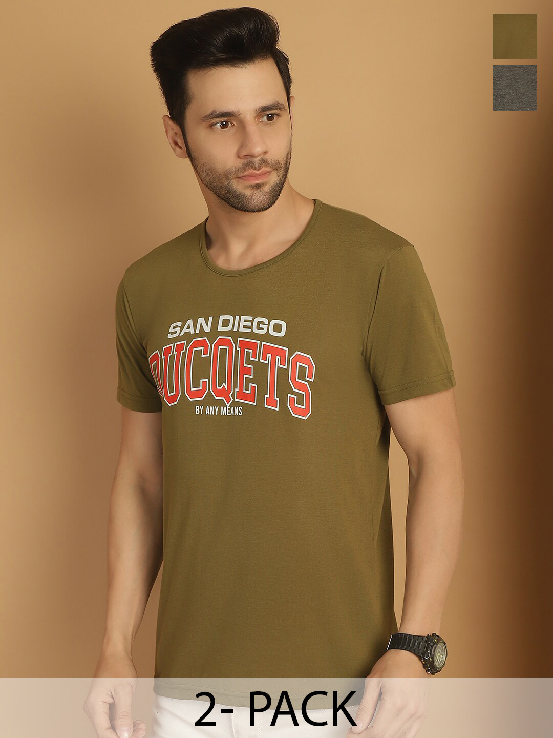 

VIMAL JONNEY Pak of 2 Round Neck Short Sleeves Typography Printed Regular Fit T-shirt, Mustard