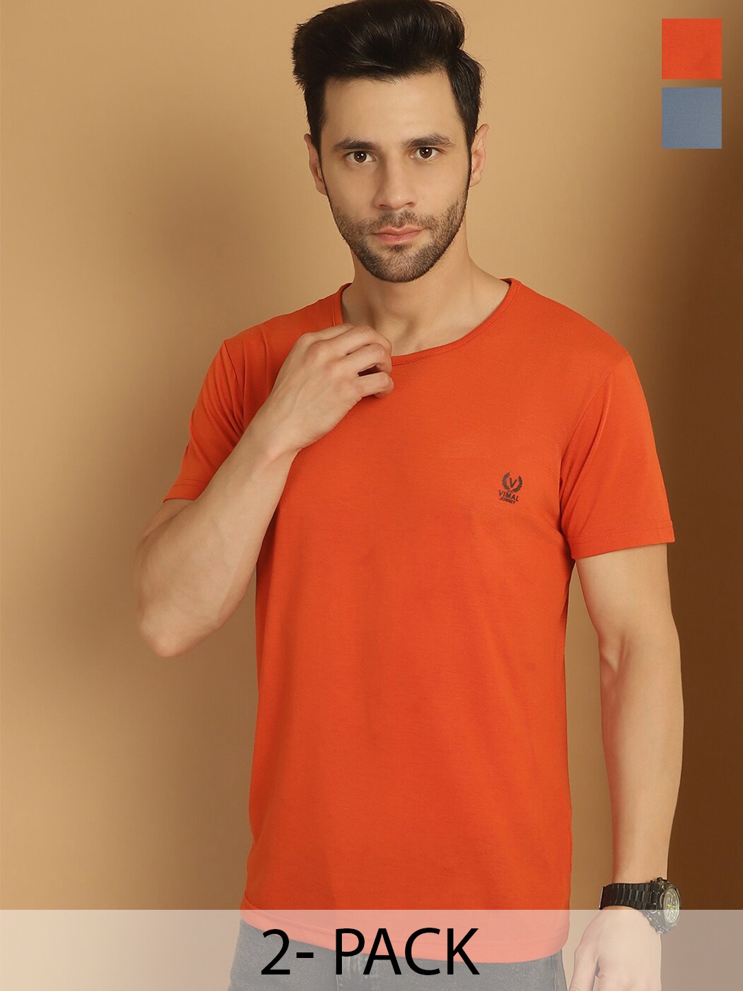 

VIMAL JONNEY Pack of 2 Round Neck Short Sleeves Cotton Regular Fit T-shirts, Orange
