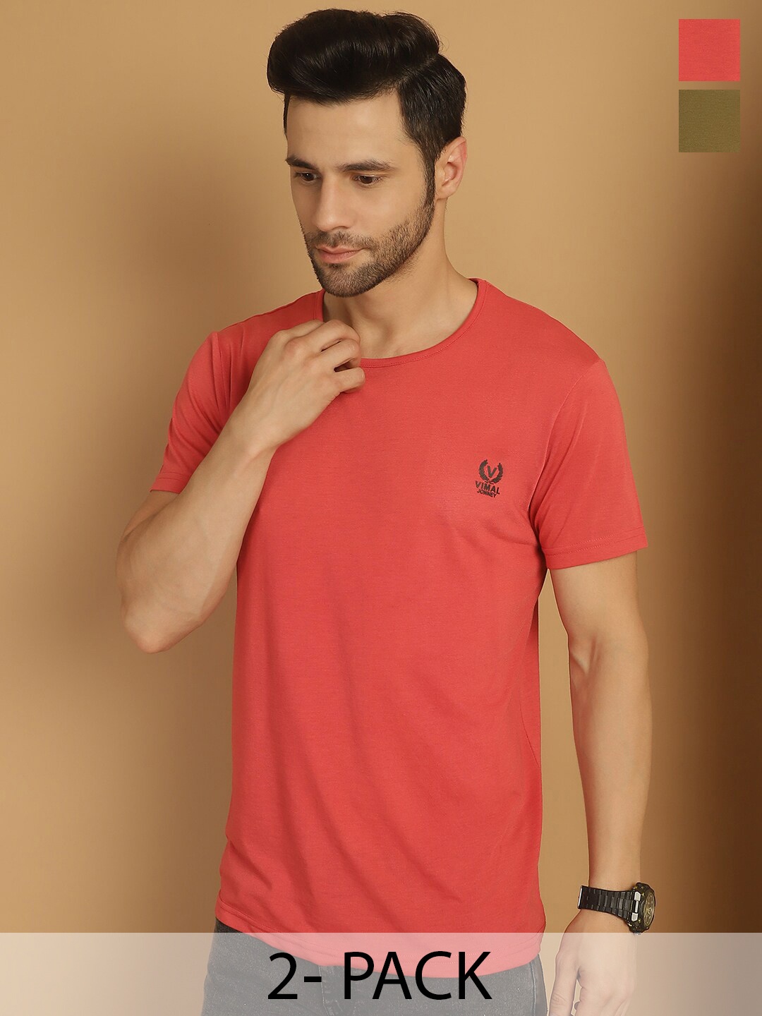 

VIMAL JONNEY Pack Of 2 Round Neck Short Sleeves Cotton T-shirt, Red