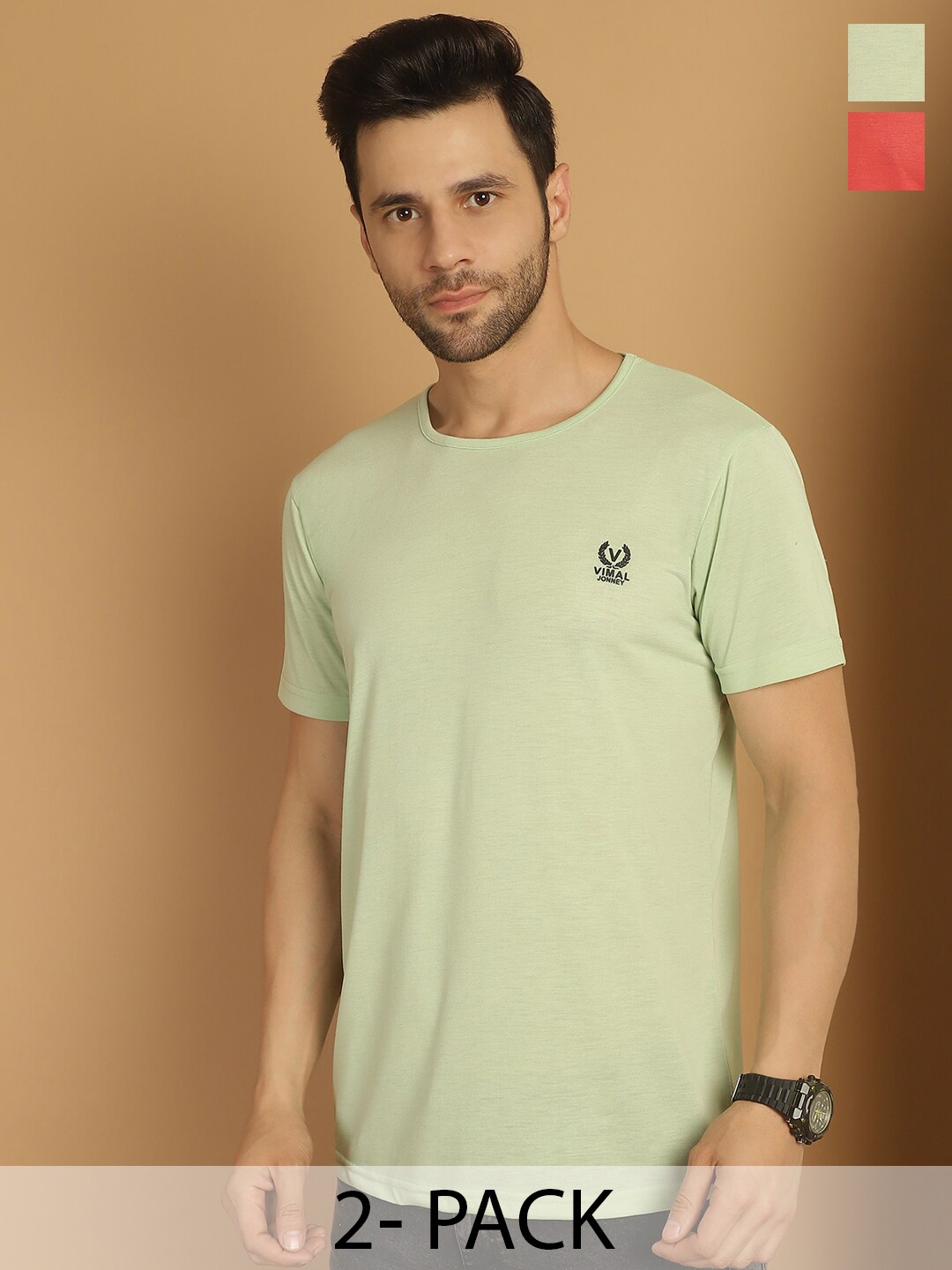 

VIMAL JONNEY Pack of 2 Round Neck Short Sleeves Cotton Regular Fit T-shirt, Green