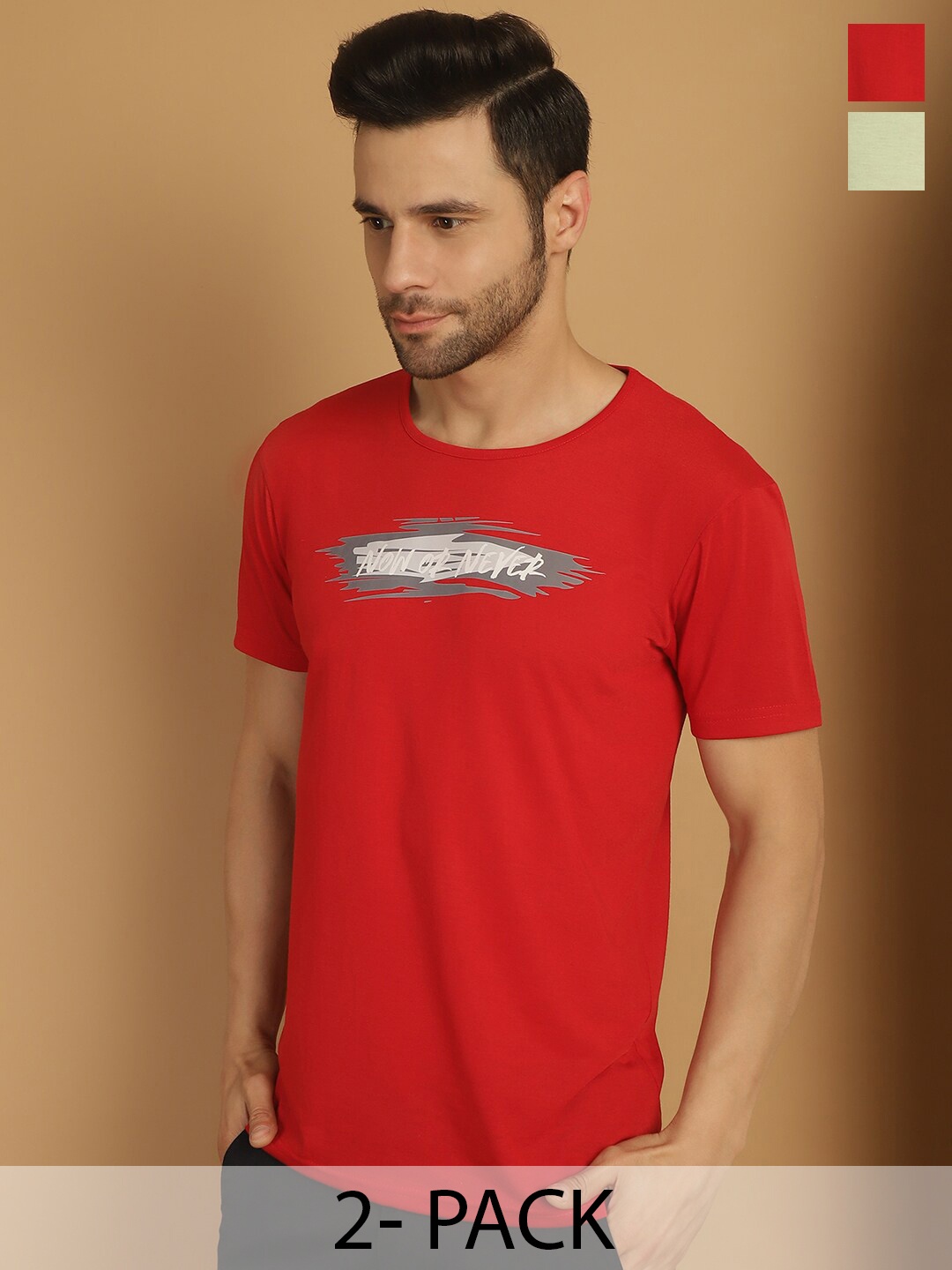 

VIMAL JONNEY Pack Of 2 Typography Printed Round Neck Cotton T-shirt, Red