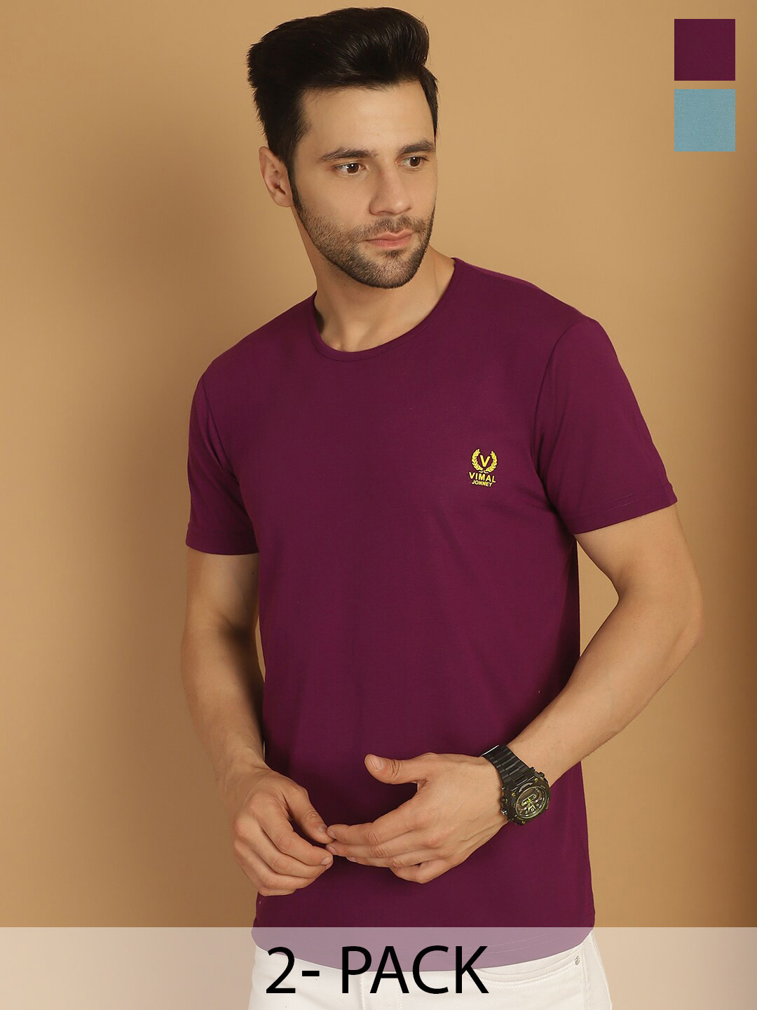

VIMAL JONNEY Pack Of 2 Round Neck Cotton T-shirt, Multi