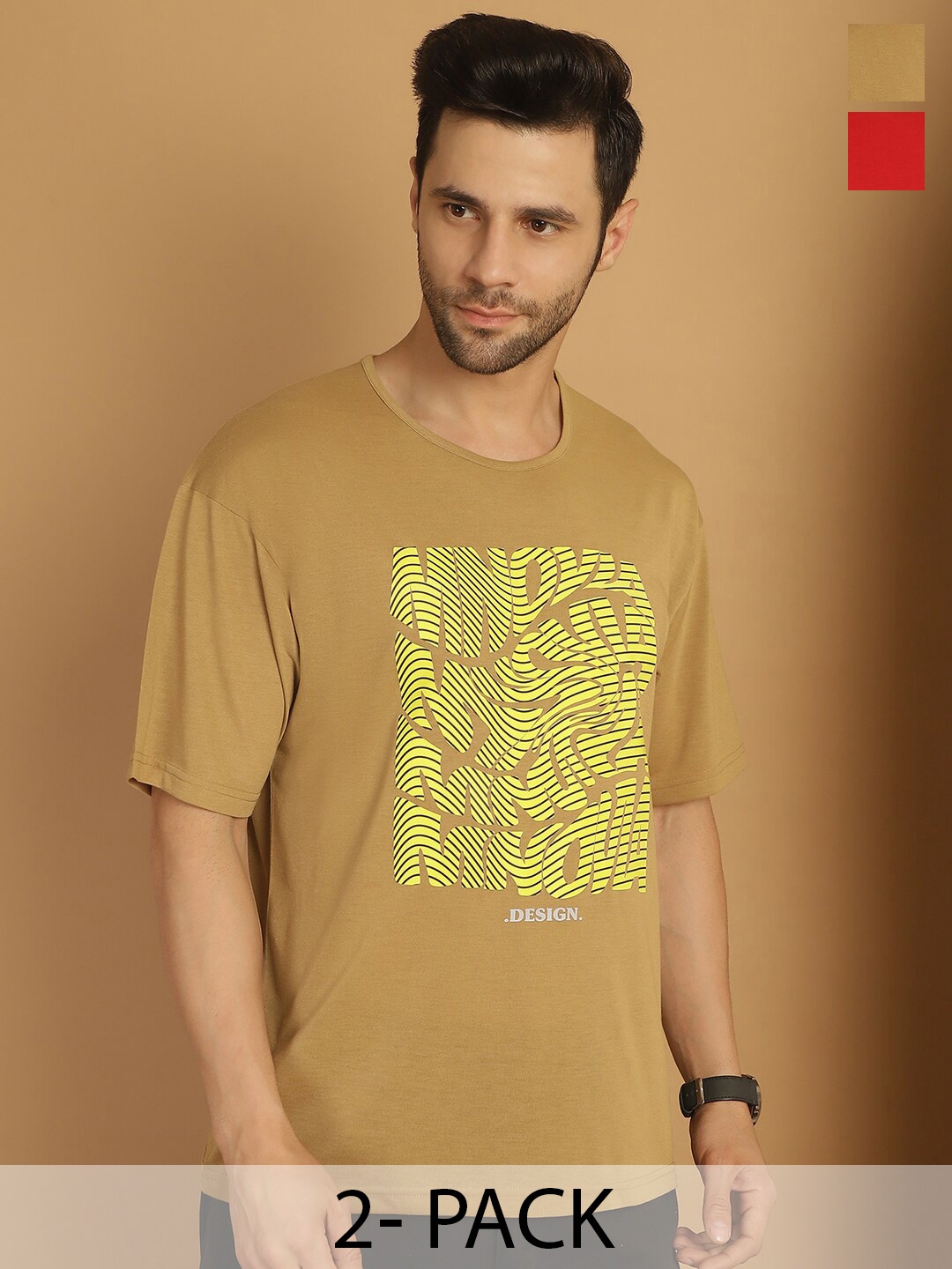 

MACK JONNEY Pack Of 2 Typography Printed Cotton T-shirts, Yellow