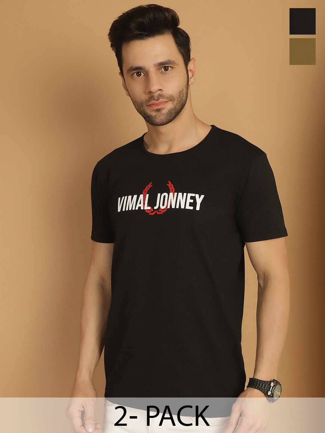 

VIMAL JONNEY Pack Of 2 Typography Printed Drop-Shoulder Cotton T-Shirt, Multi