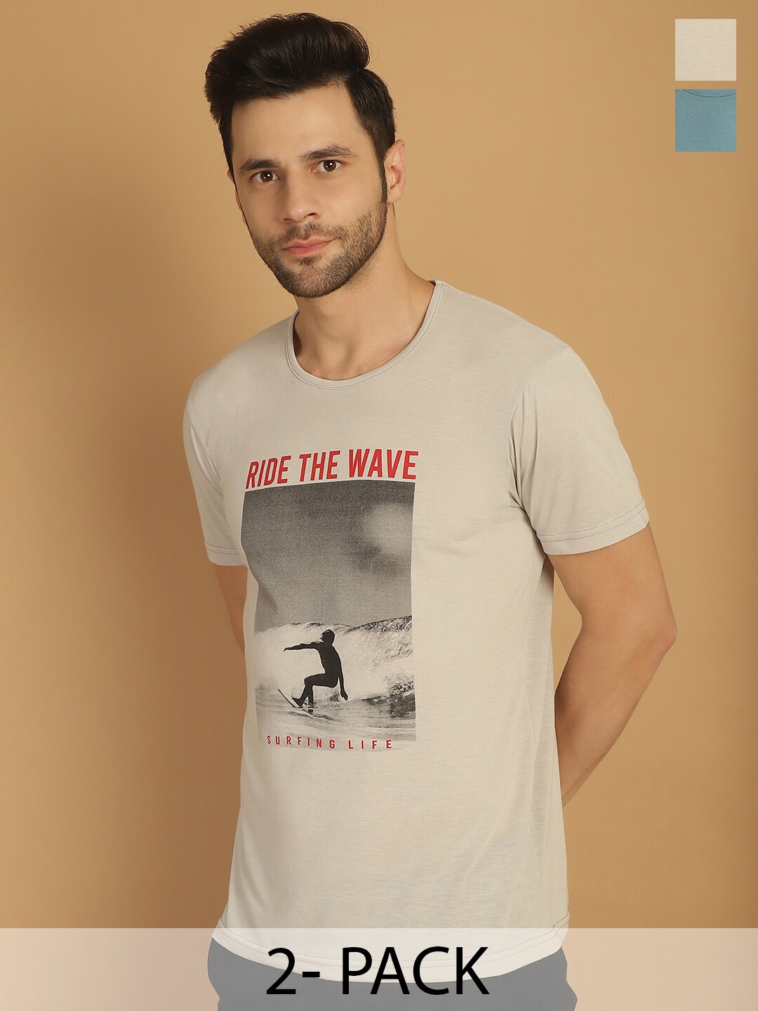 

VIMAL JONNEY Pack of 2 Short Sleeves Round Neck Cotton T-shirt, Off white