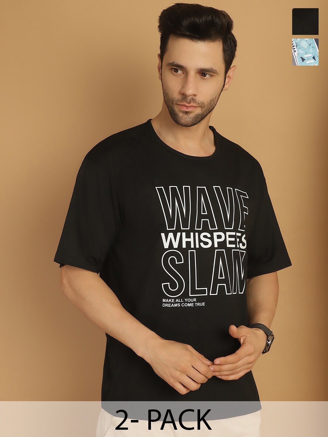 MACK JONNEY Pack of 2 Short Sleeves Round Neck Cotton T-shirt, Black