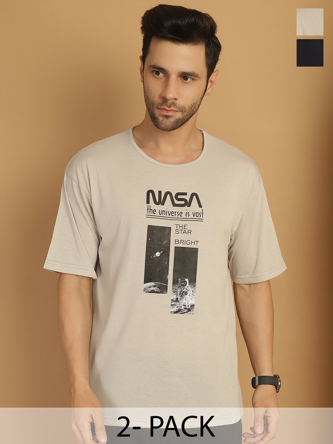 

MACK JONNEY Pack of 2 Typography Printed Cotton Oversized T-shirts, Beige