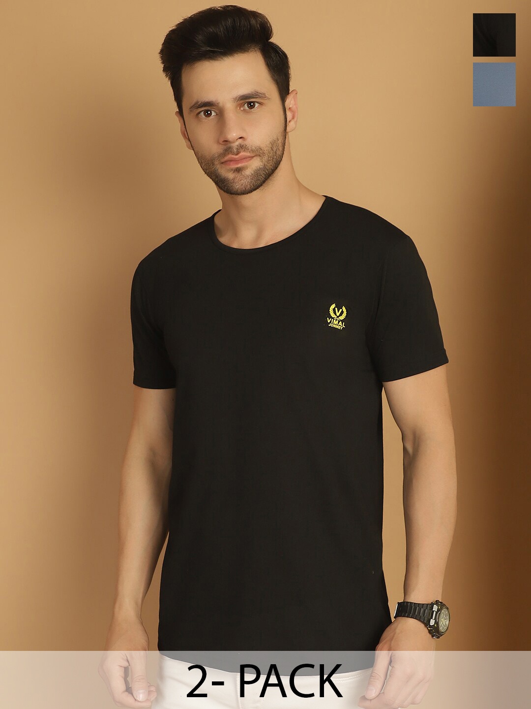 

MACK JONNEY Pack of 2 Round Neck Short Sleeves Cotton Casual T-shirt, Black