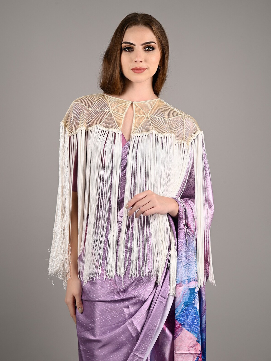 

ODETTE Embellished Tasseled Cape, Beige