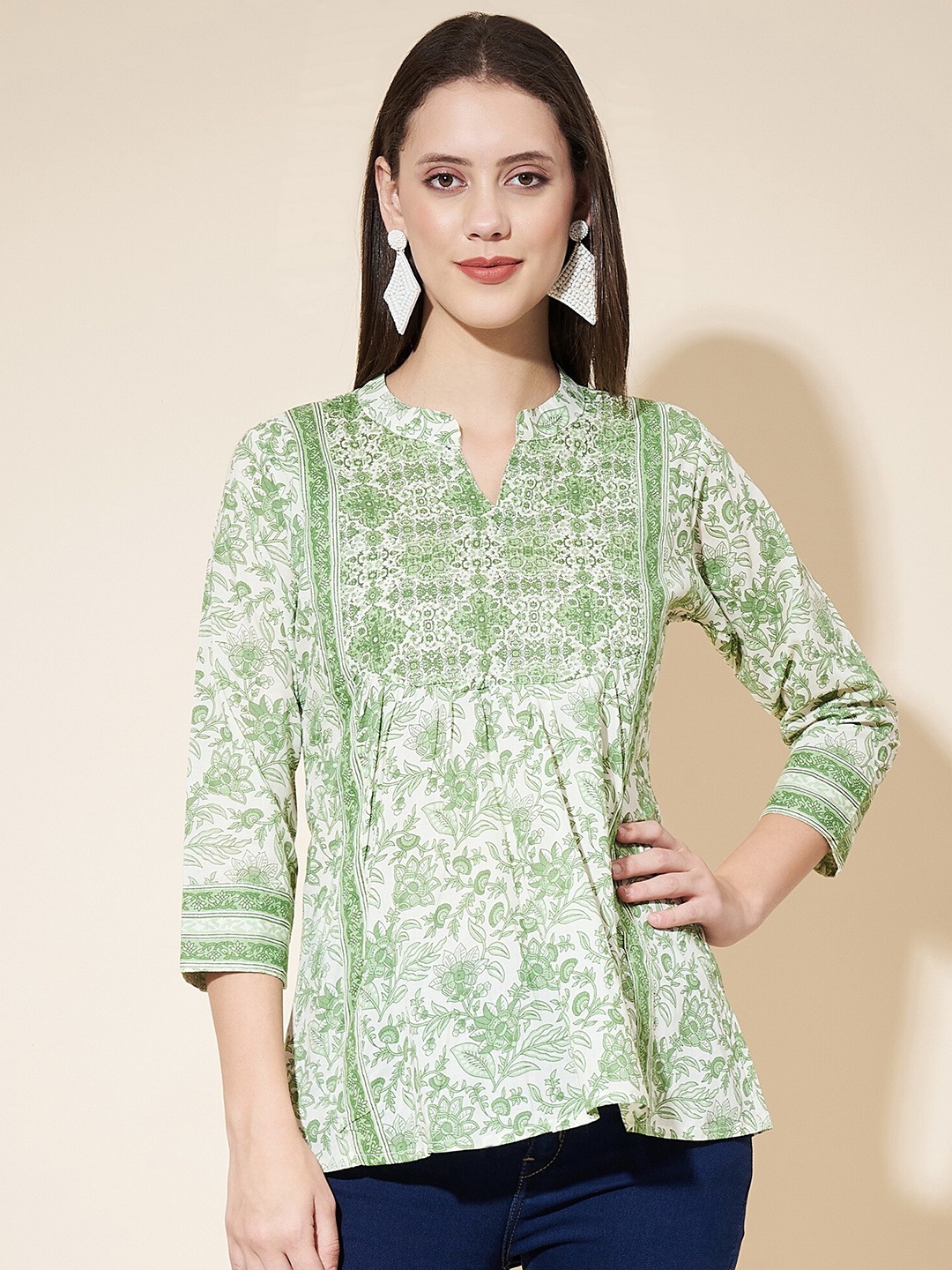 

Vbuyz Floral Printed Mandarin Collar Cotton Tunic, Green