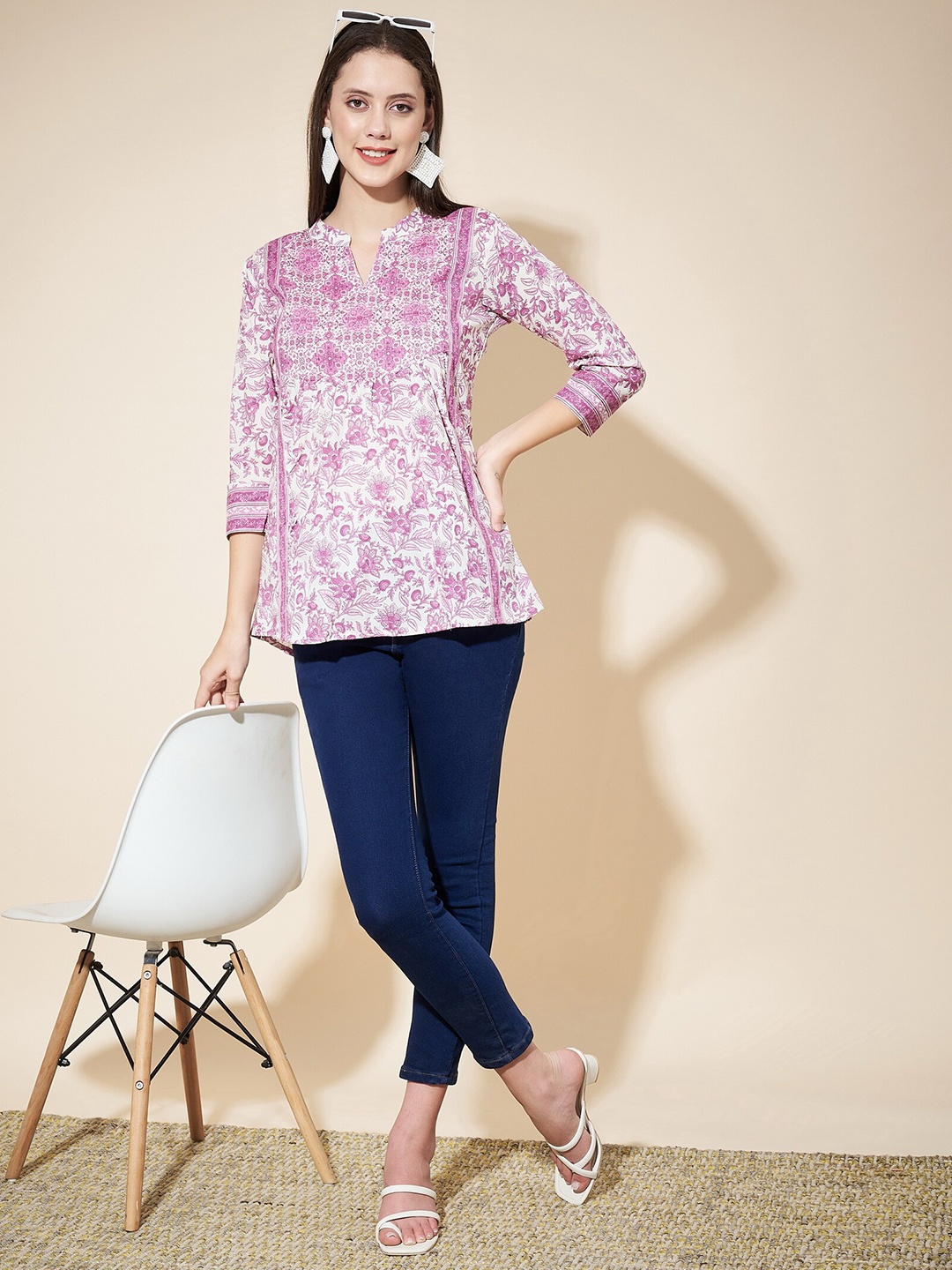 

Vbuyz Floral Printed Mandarin Collar Cotton Tunic, Pink