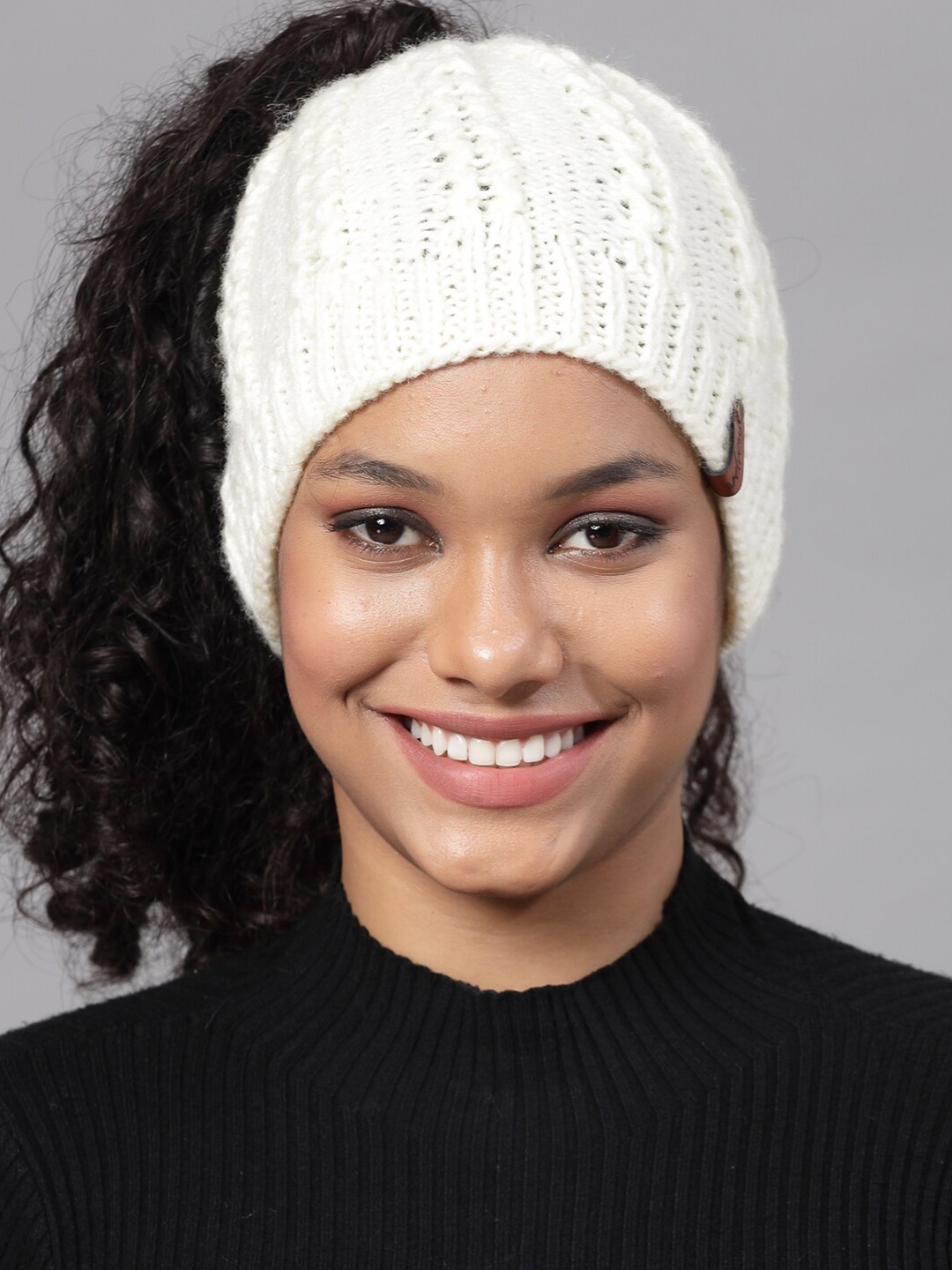 

Velvery Women Acrylic Self Design Ponytail Beanie, White