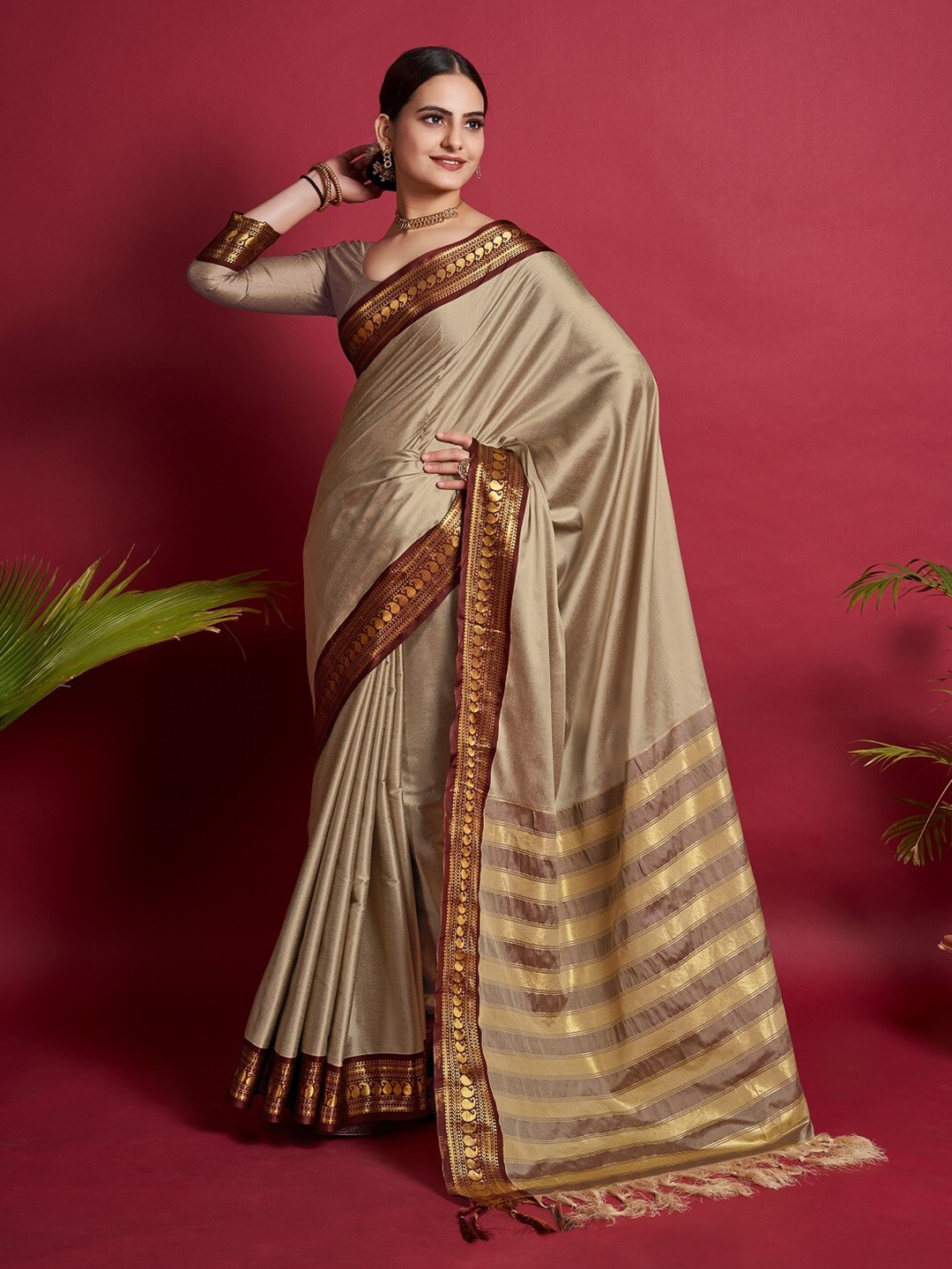 

Sarvada Woven Design Zari Kanjeevaram Saree, Beige