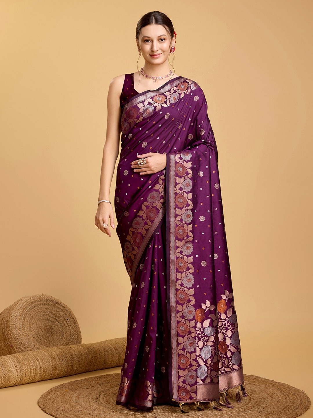 

Sarvada Floral Zari Silk Designer Banarasi Saree, Purple