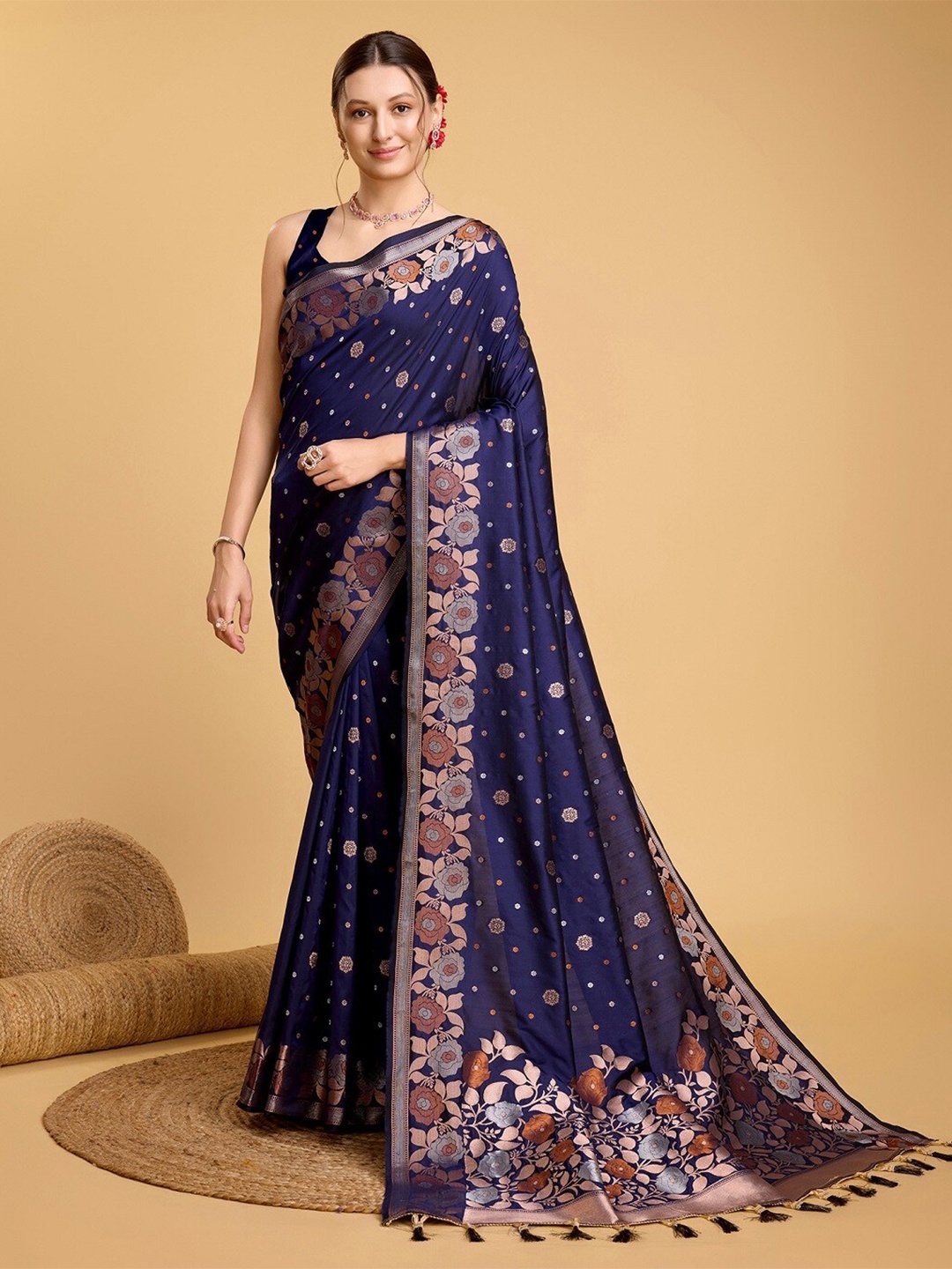

Sarvada Floral Zari Silk Designer Banarasi Saree, Navy blue