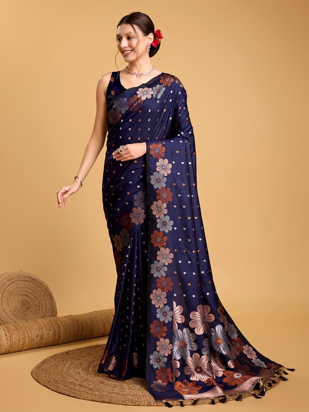 

Sarvada Floral Zari Silk Designer Banarasi Saree, Navy blue