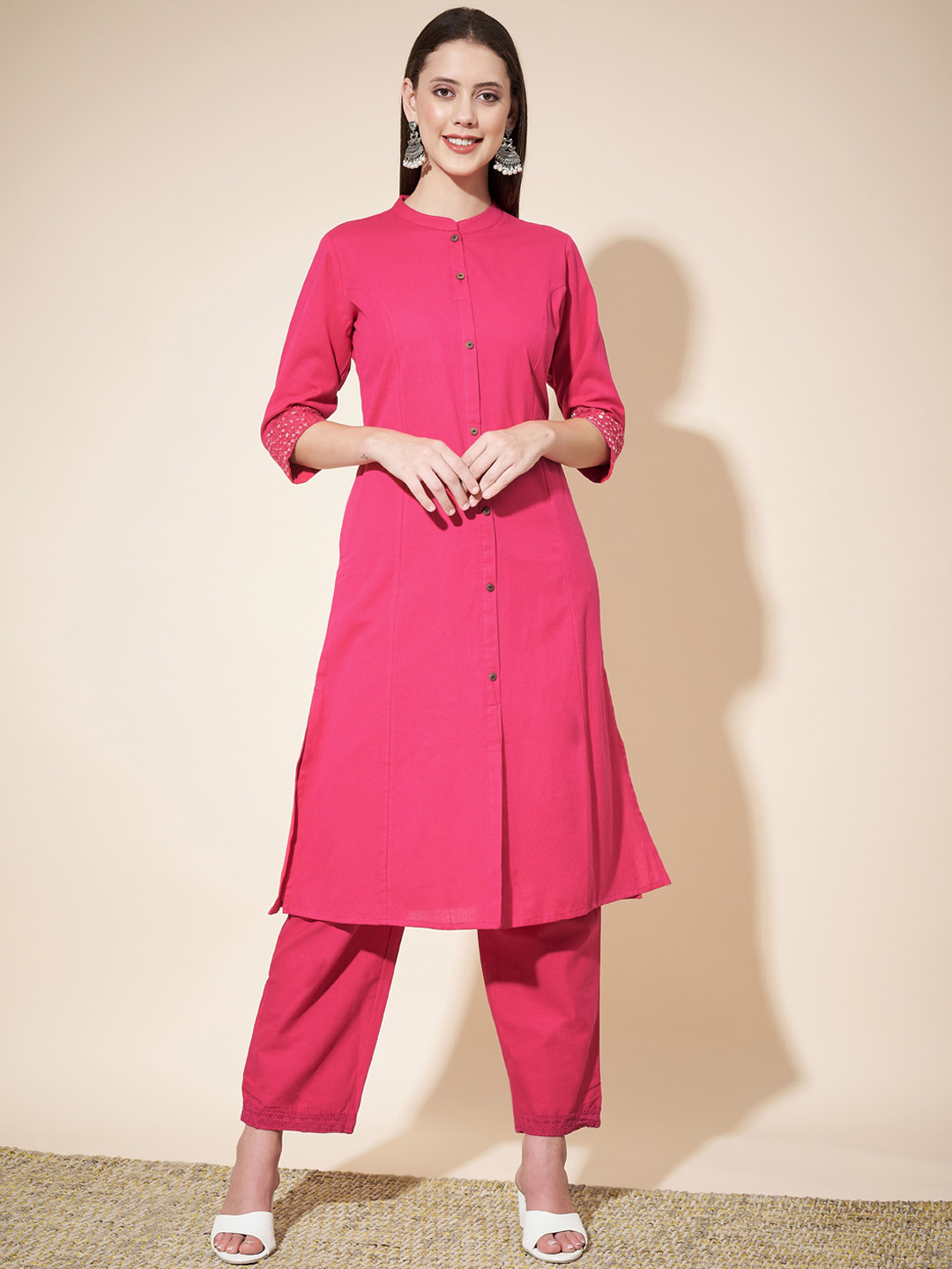 

Vbuyz Pink Mandarin Collar Mirror Work A-Line Kurta With Trousers