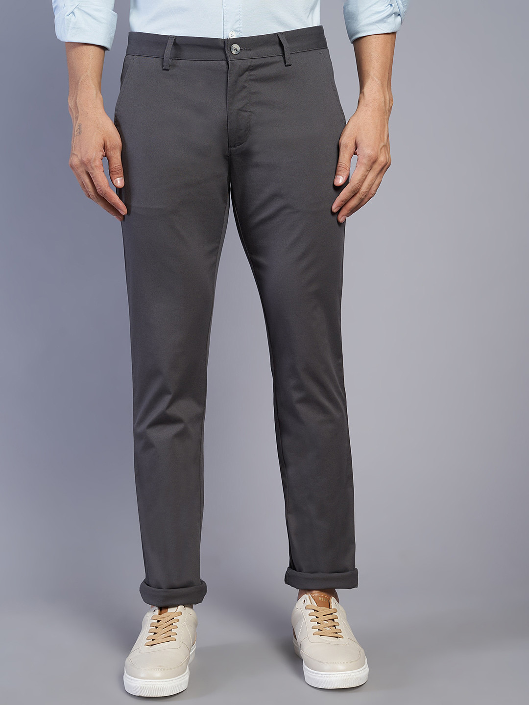 

Greenfibre Men Mid-Rise Plain Flat-Front Zip Cotton Slim Fit Chinos Trouser, Grey