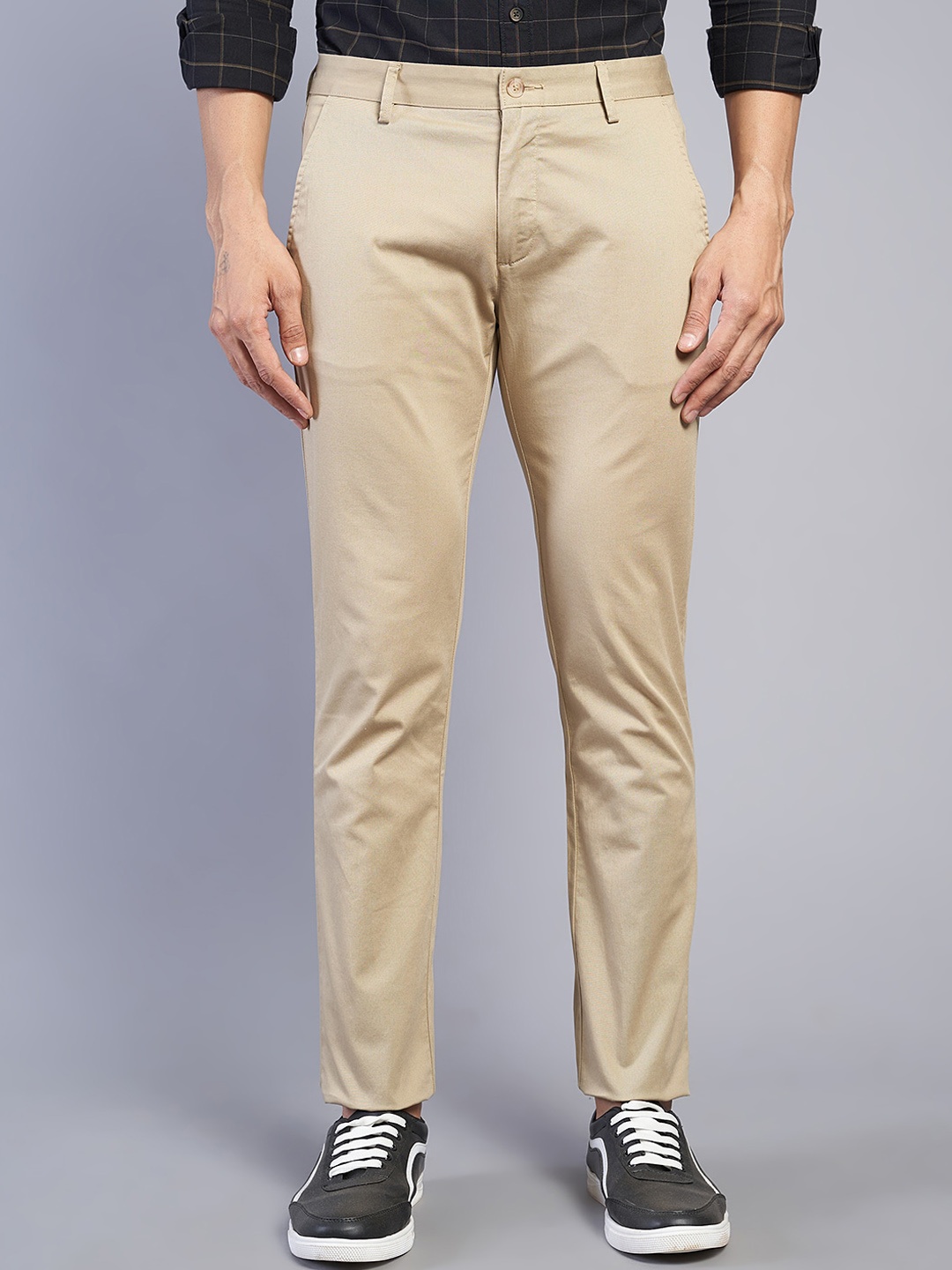 

Greenfibre Men Mid-Rise Zip Flat-Front Plain Cotton Slim Fit Trouser, Beige