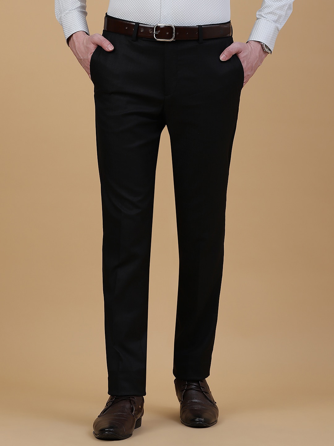

METAL Men Mid Rise Checked Slim Fit Formal Trousers, Black