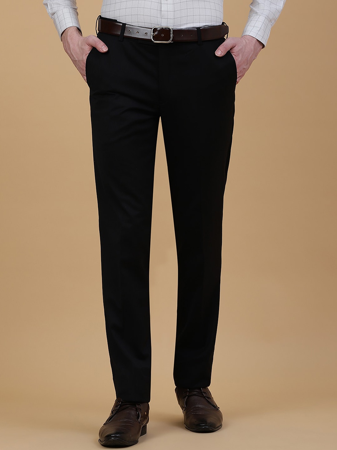 

METAL Men Slim Fit Mid-Rise Flat-Front Formal Trousers, Black