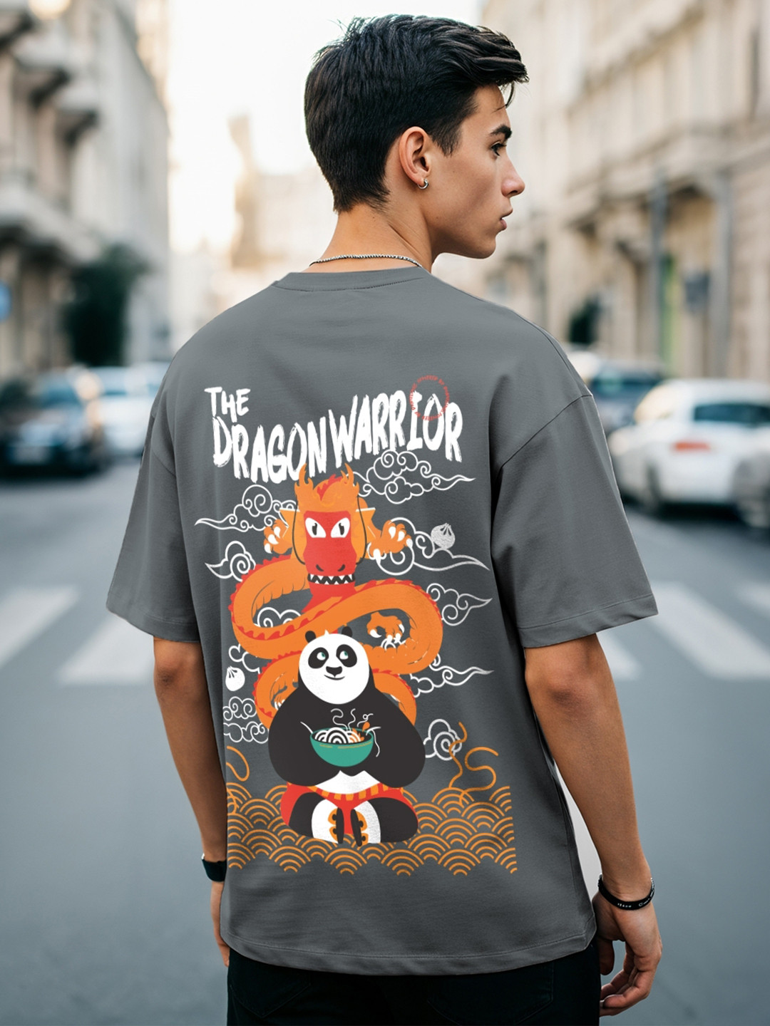 

Bewakoof Grey Kung Fu Panda Printed Drop-Shoulder Sleeves Oversized Cotton T-shirt
