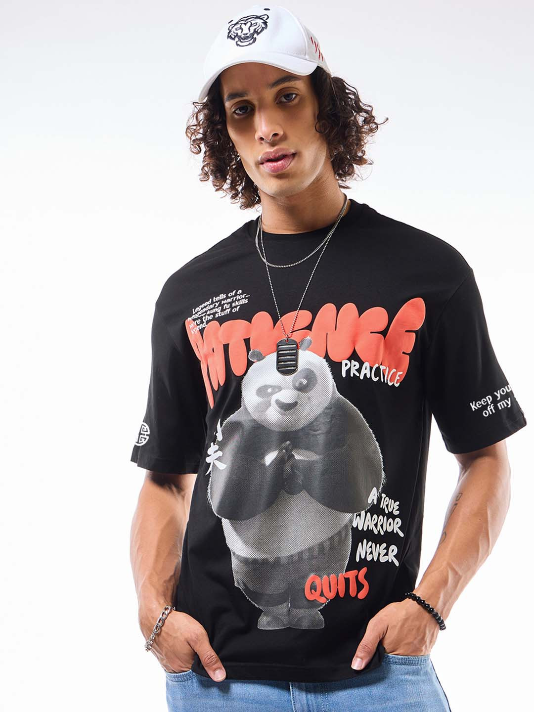 

Bewakoof Black Kung Fu Panda Printed Drop-Shoulder Sleeves Oversized Cotton T-shirt