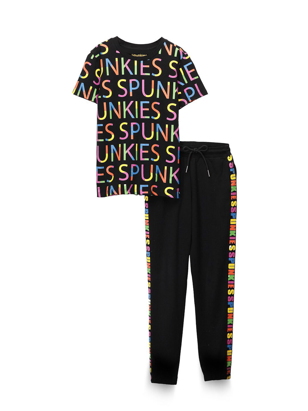 

SPUNKIES Boys Typography Printed Pure Cotton T-shirt With Trouser, Black