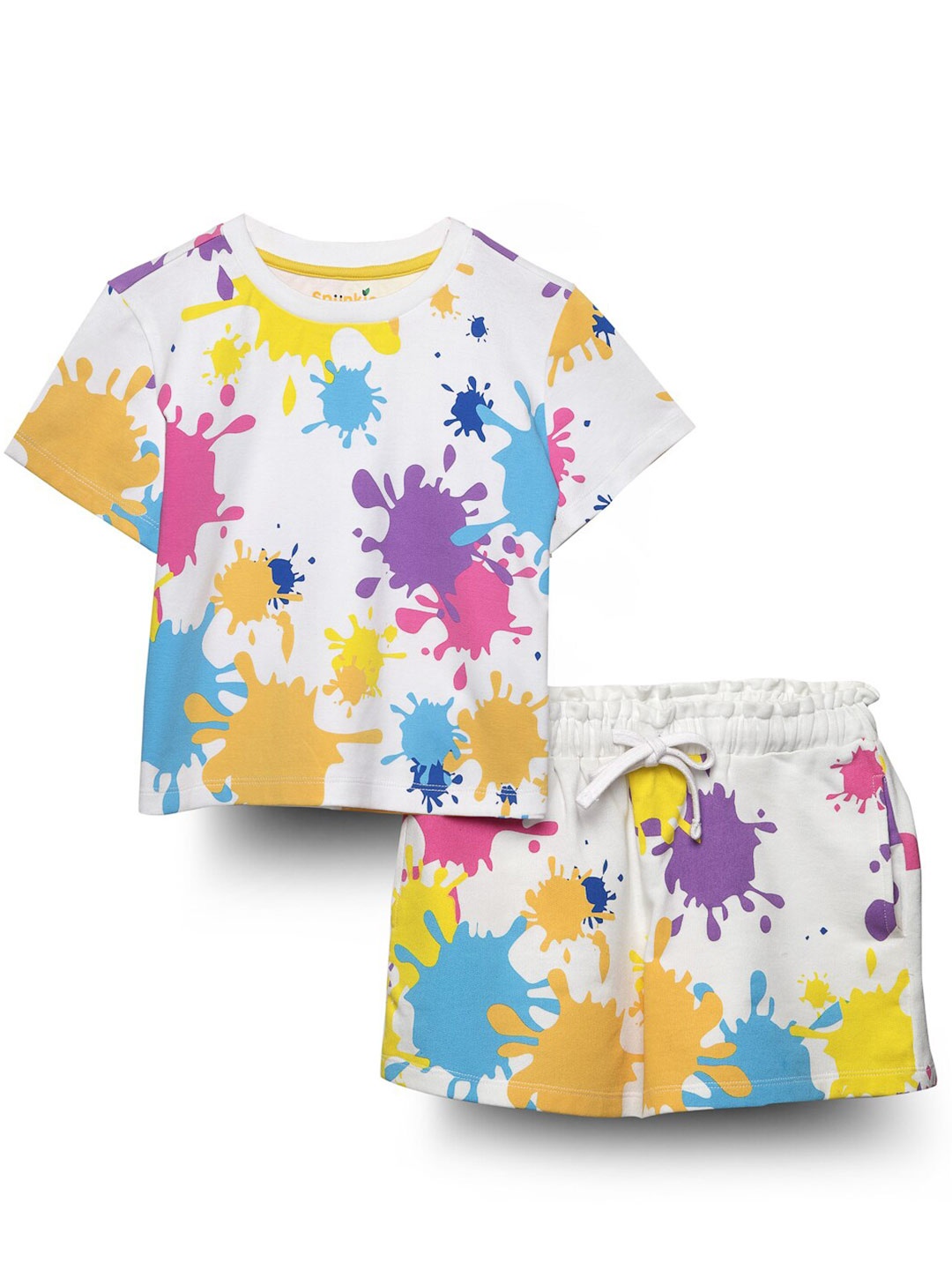 

SPUNKIES Girls Graphic Printed Pure Cotton T-Shirt & Shorts, White