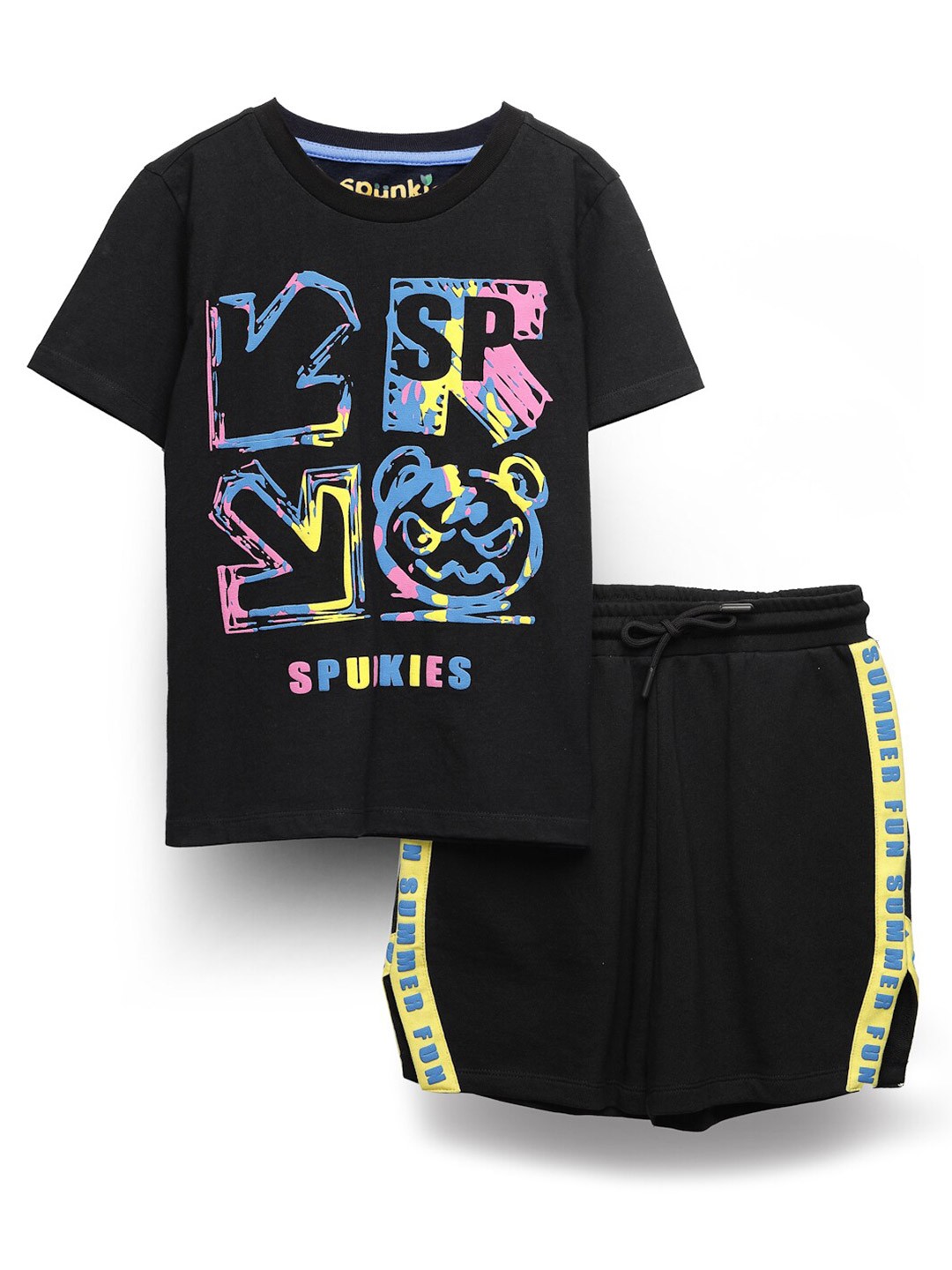 

SPUNKIES Girls Graphic Printed Pure Cotton T-Shirt & Shorts, Black