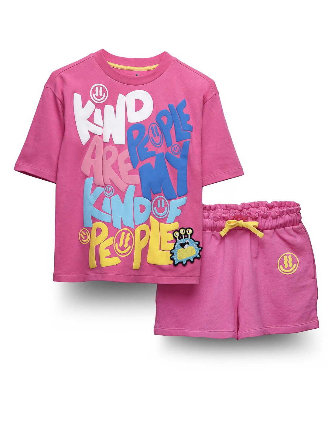 

SPUNKIES Girls Typography Printed T-shirt With Shorts, Pink