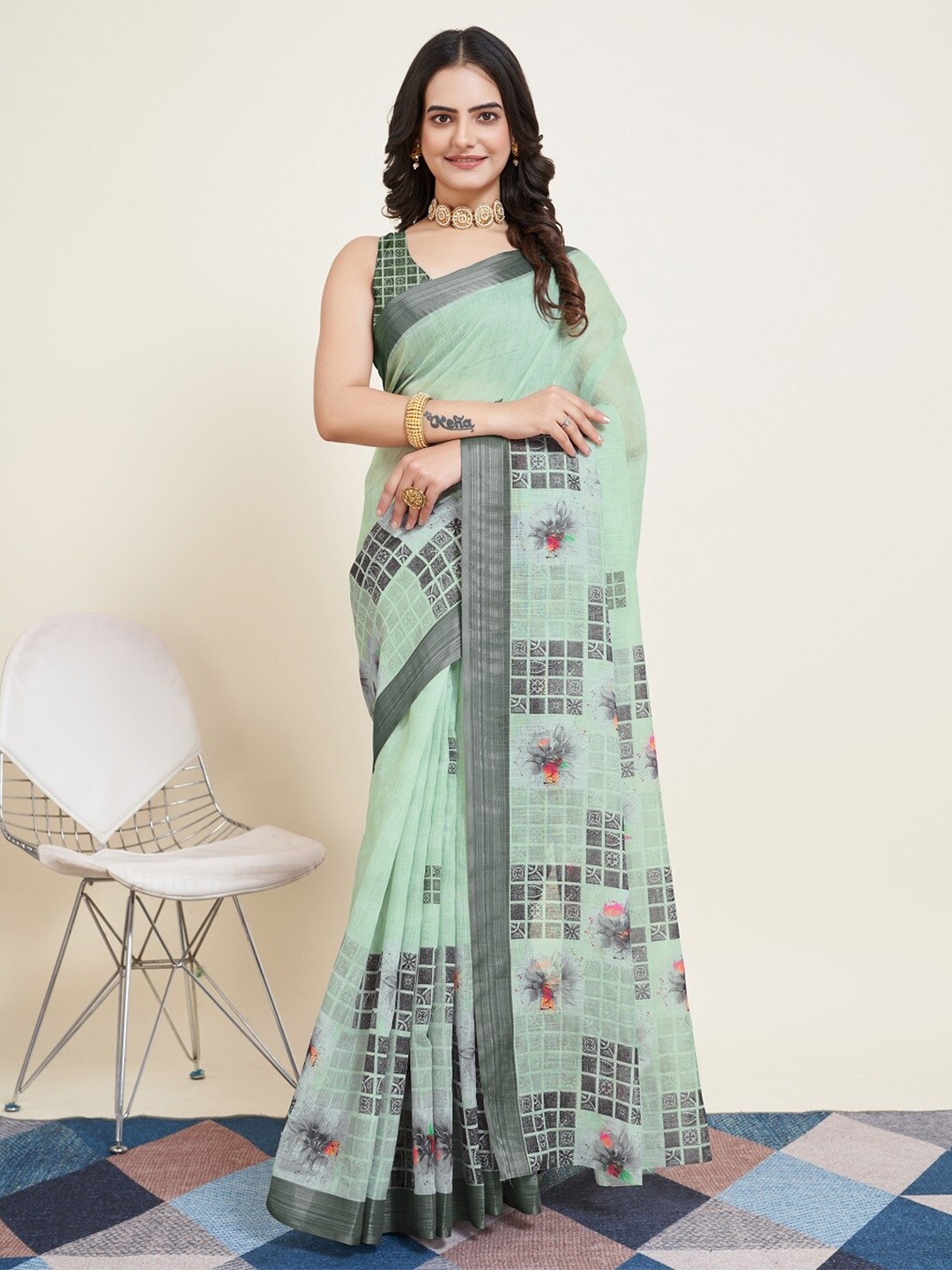 

Sarvada Floral Printed Cotton Designer Kota Saree, Fluorescent green
