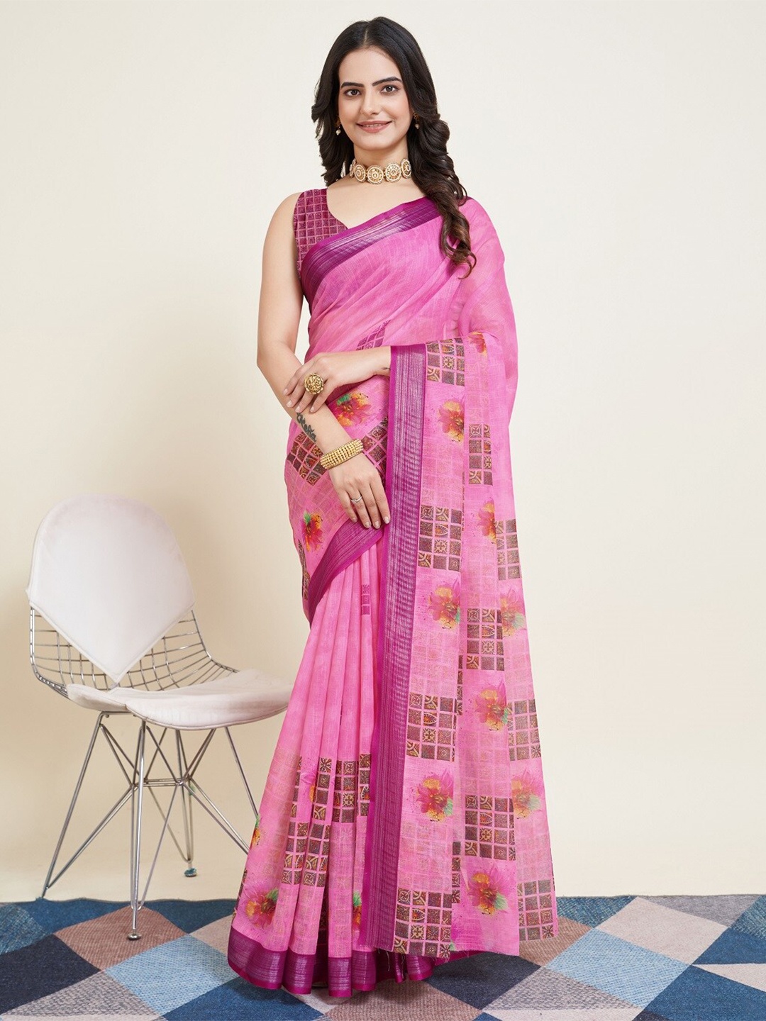 

Sarvada Floral Printed Cotton Designer Kota Saree, Pink