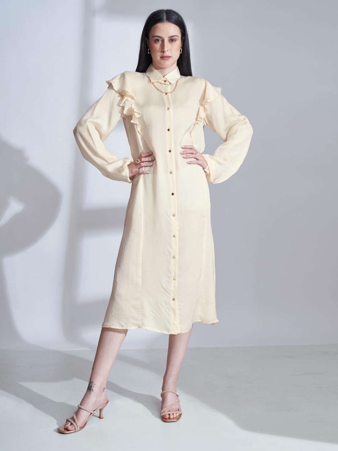 

The Samoa Shirt Collar Long Sleeves Flared Midi Dress, Cream