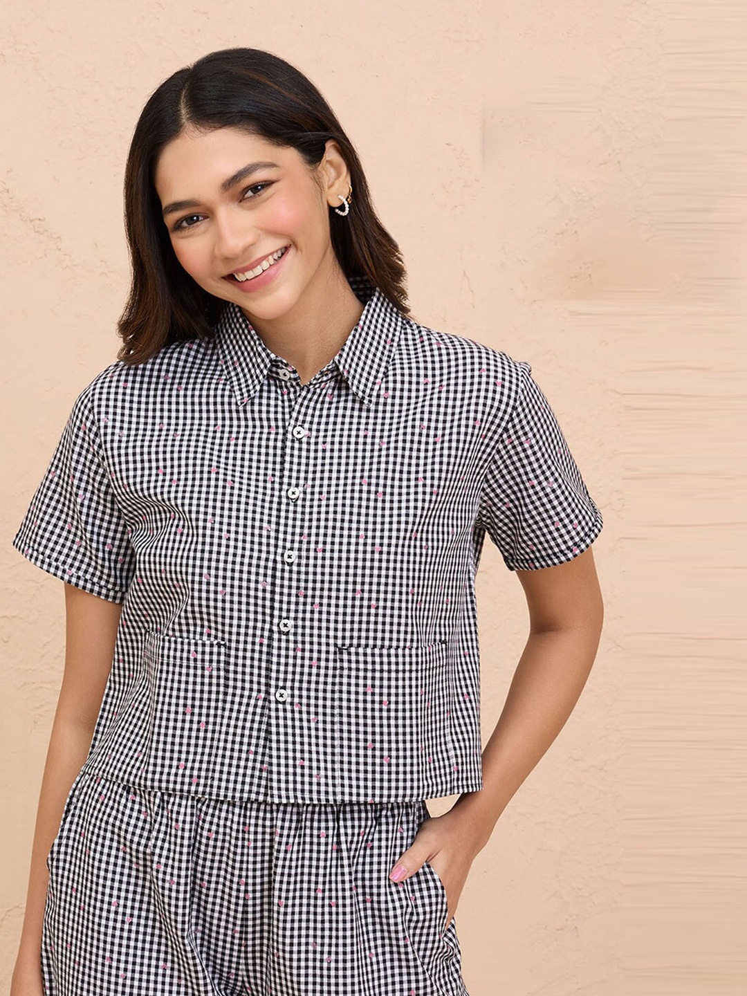 

Nykd Women Gingham Checked Cotton Casual Shirt, Black