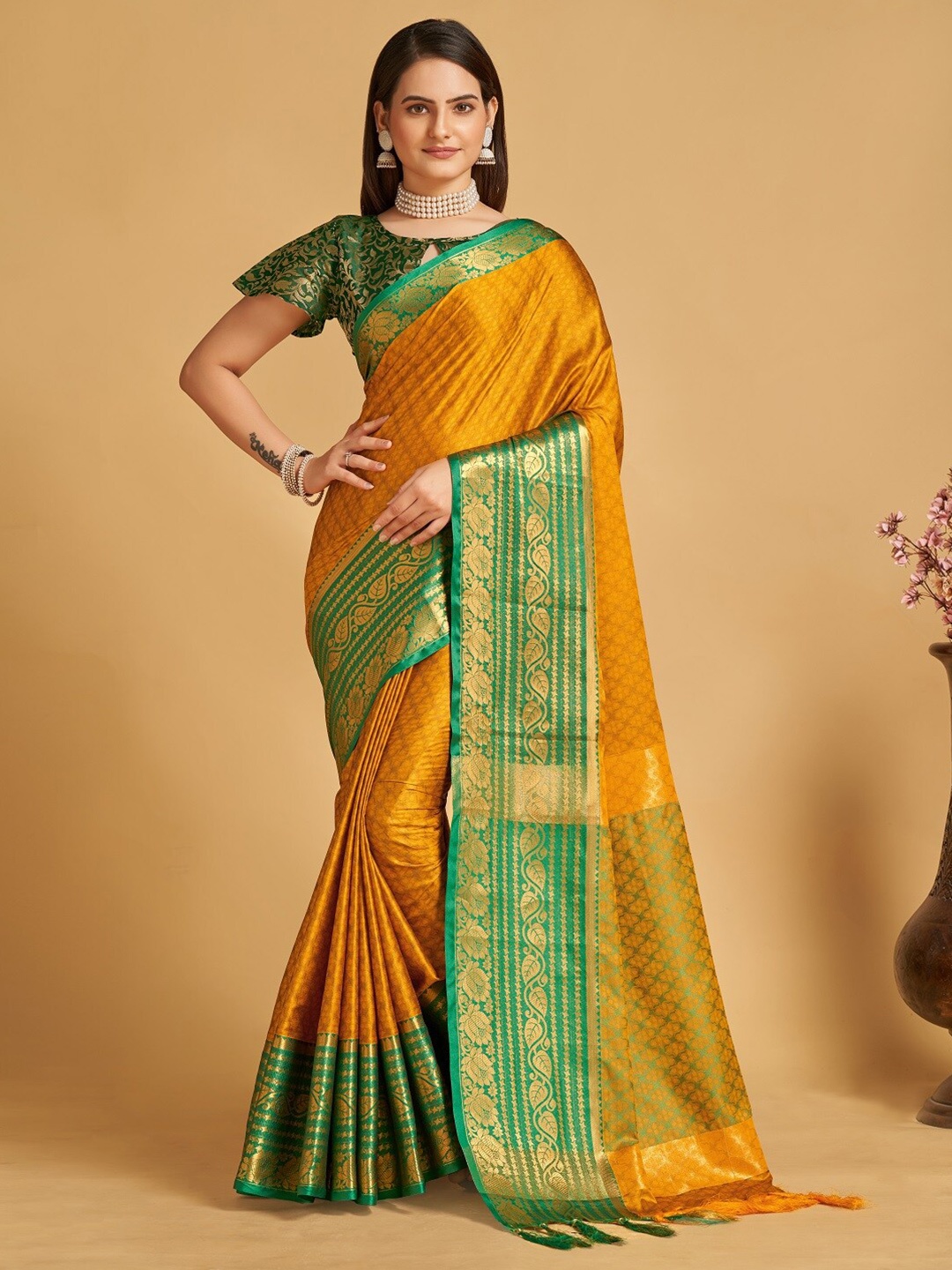 

Sarvada Ethnic Motifs Woven Design Zari Banarasi Saree, Mustard