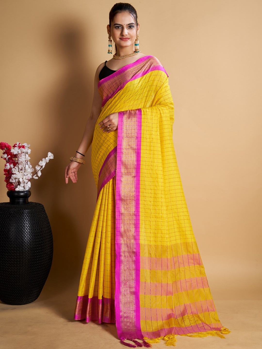 

Sarvada Checked Zari Silk Designer Uppada Saree, Yellow