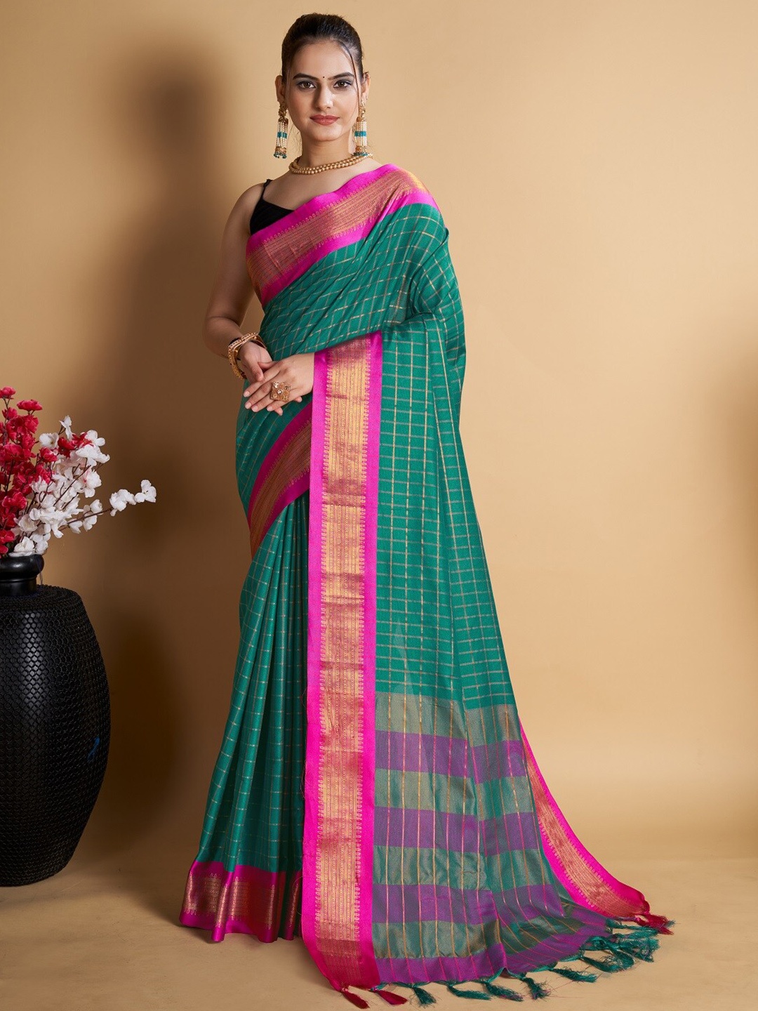 

Sarvada Checked Zari Uppada Saree, Sea green