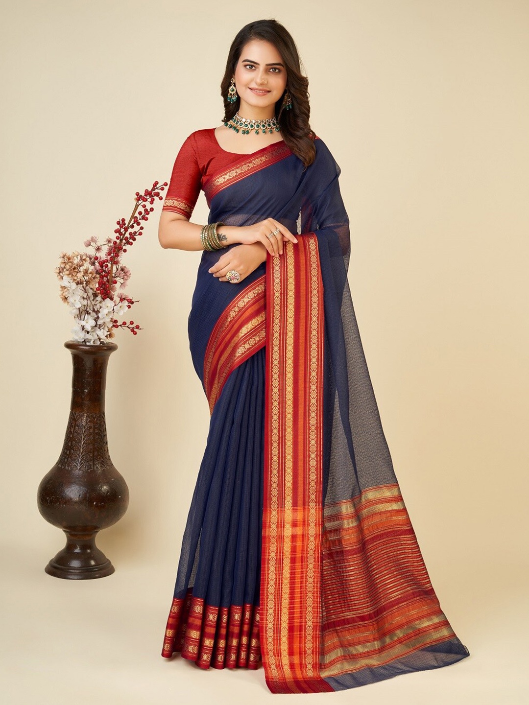 

Sarvada Woven Design Zari Silk Cotton Kota Saree, Navy blue